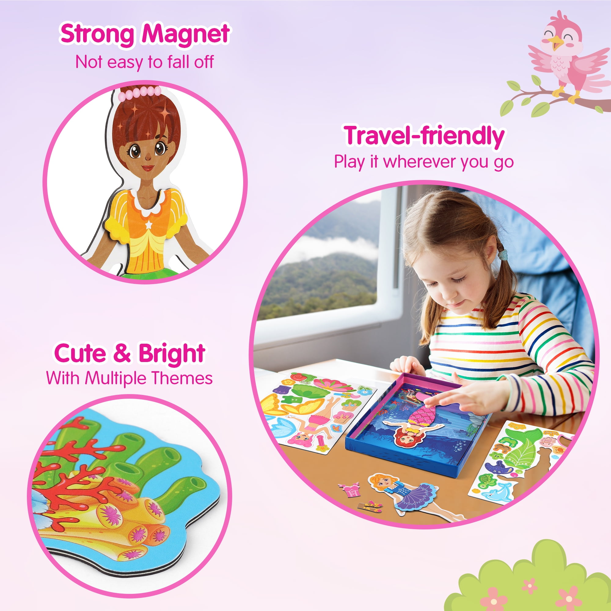 Mocoosy Magnetic Dress Up Dolls Set, Princess Mermaid Fairy Ballerina Pretend Play Kit (Multi-Color, 6.3 in x 8.6 in) 22gds