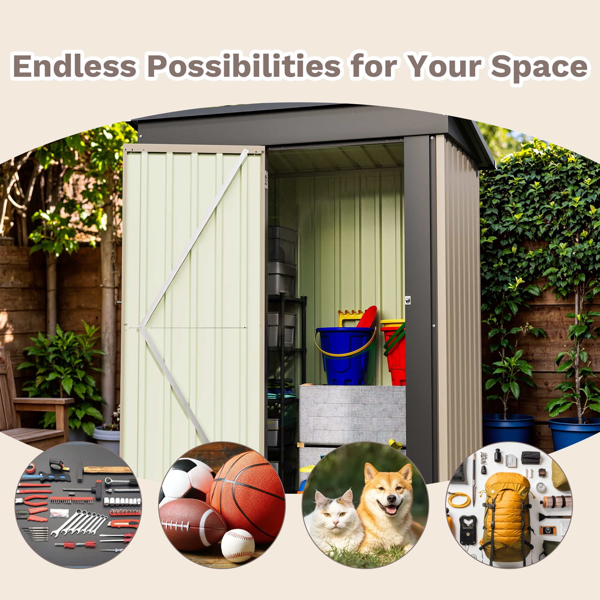 Homall Outdoor Storage Shed, Galvanized Steel Garden Tool Organizer with Lockable Doors (Brown, 5 ft x 3 ft) lu918