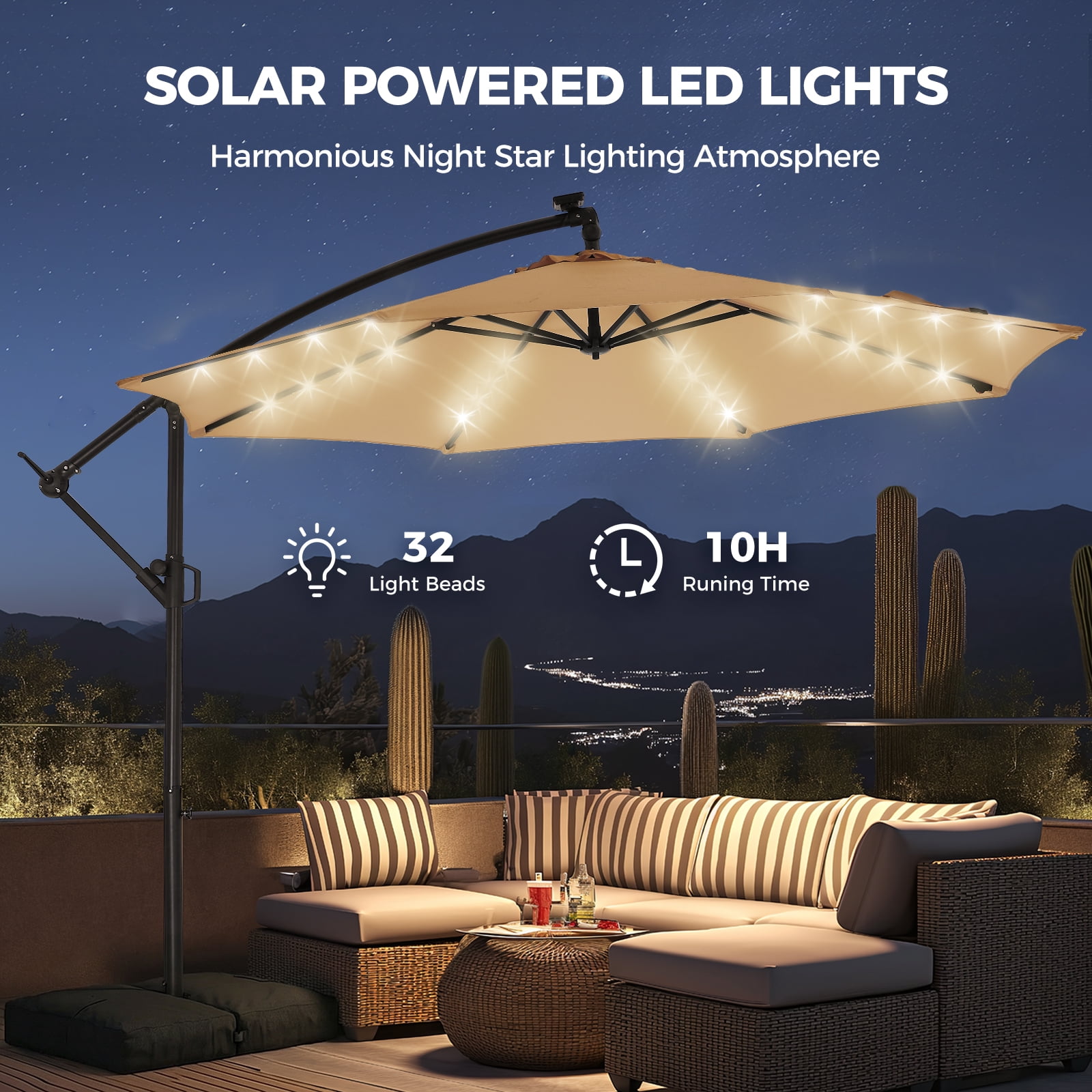 Patbrela 10ft Offset Patio Umbrella with Base, Cantilever Hanging Outdoor Shade with Solar LED Lights and Infinite Tilt (Beige, 10 ft) 99u9u