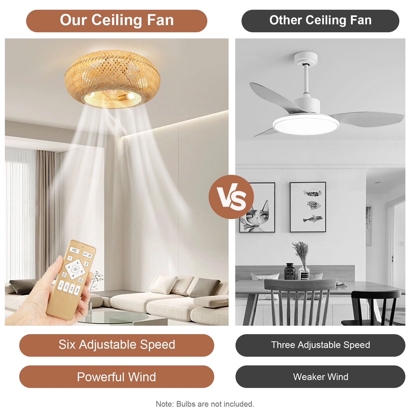 Generic Bamboo Ceiling Fan Farmhouse Boho Rattan Woven Light with Remote Control (Natural, 20 in) 023ca