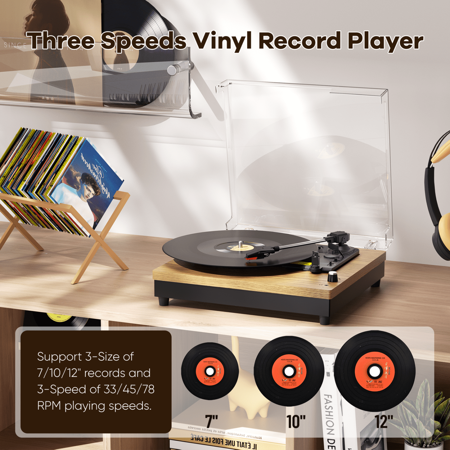 MAIO E200 Vintage Record Player, 3-Speed Belt-Driven Turntable with Built-in Stereo Speakers, Bluetooth Connectivity (Wood, 13.8 in x 10.2 in x 4.7 in) 5o7wg