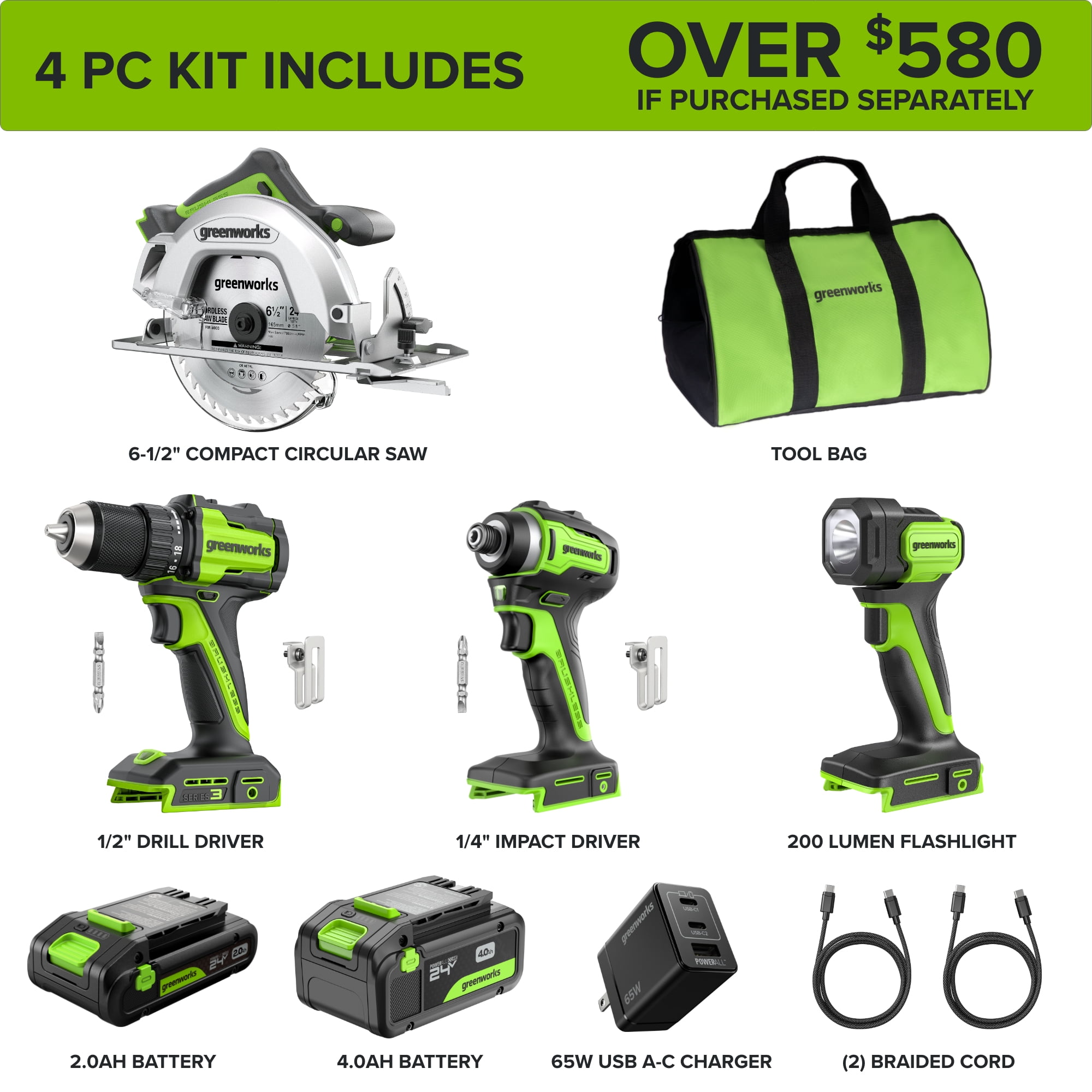 Greenworks 24V Cordless Brushless 4-Piece Power Tool Combo Kit with Drill, Impact Driver, Circular Saw, Flashlight, Batteries, and Charger (Green) gr6y7