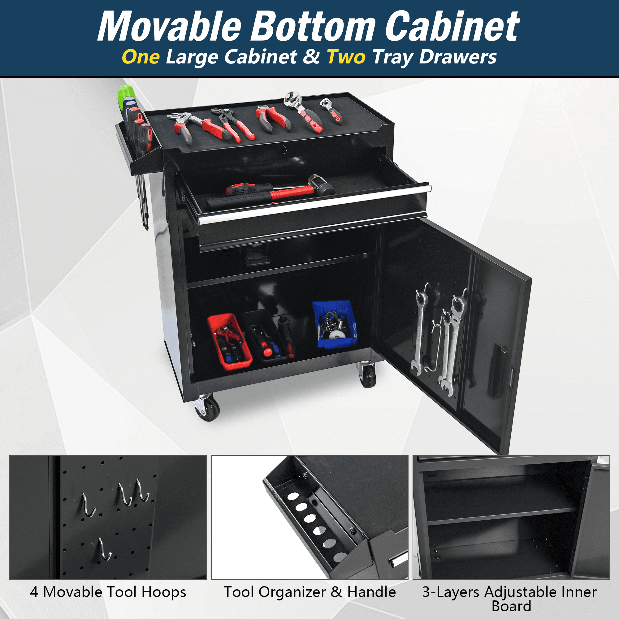 Seizeen 5-Drawer Rolling Tool Chest with Detachable Storage Cabinet (Black, 1 Unit) xt002