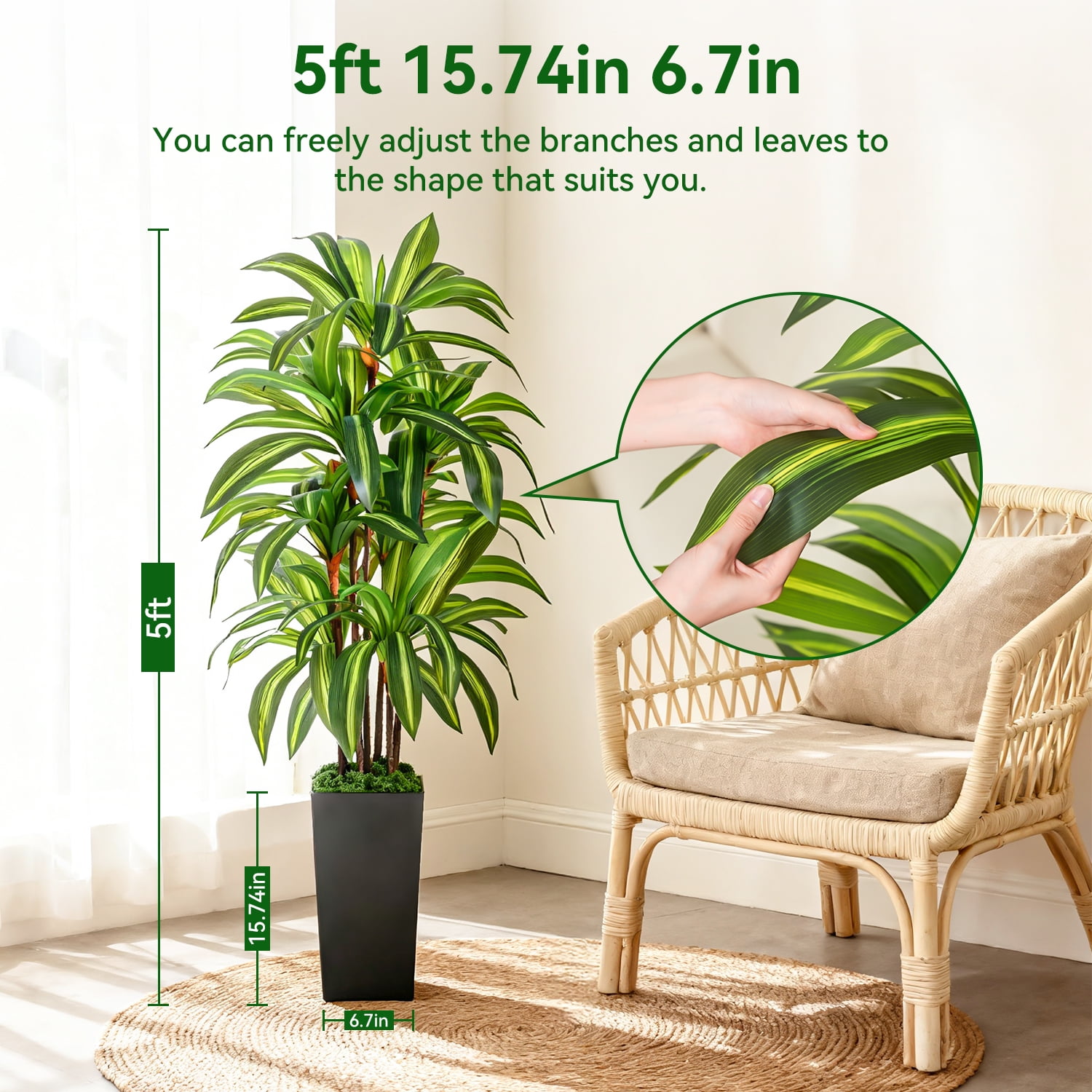 NOVAROOT Artificial Dracaena Tree, Faux Tropical Floor Plant with Black Planter (5 ft) 4hxx9