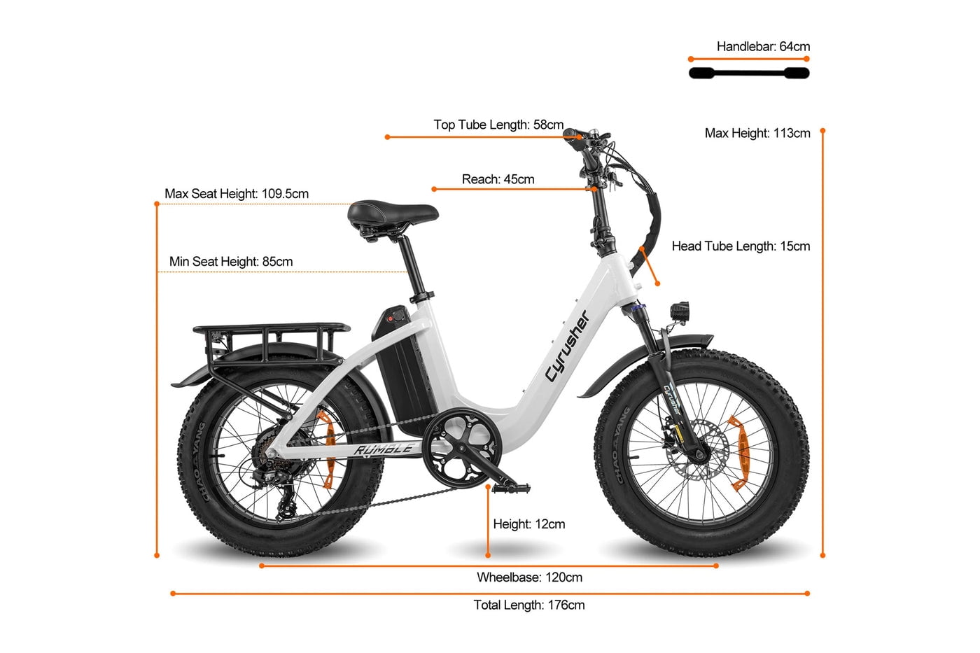 Cyrusher Rumble Electric Bike 500W Motor 48V 18Ah Step-Through E-Bike (White, 20 in) 6ucew