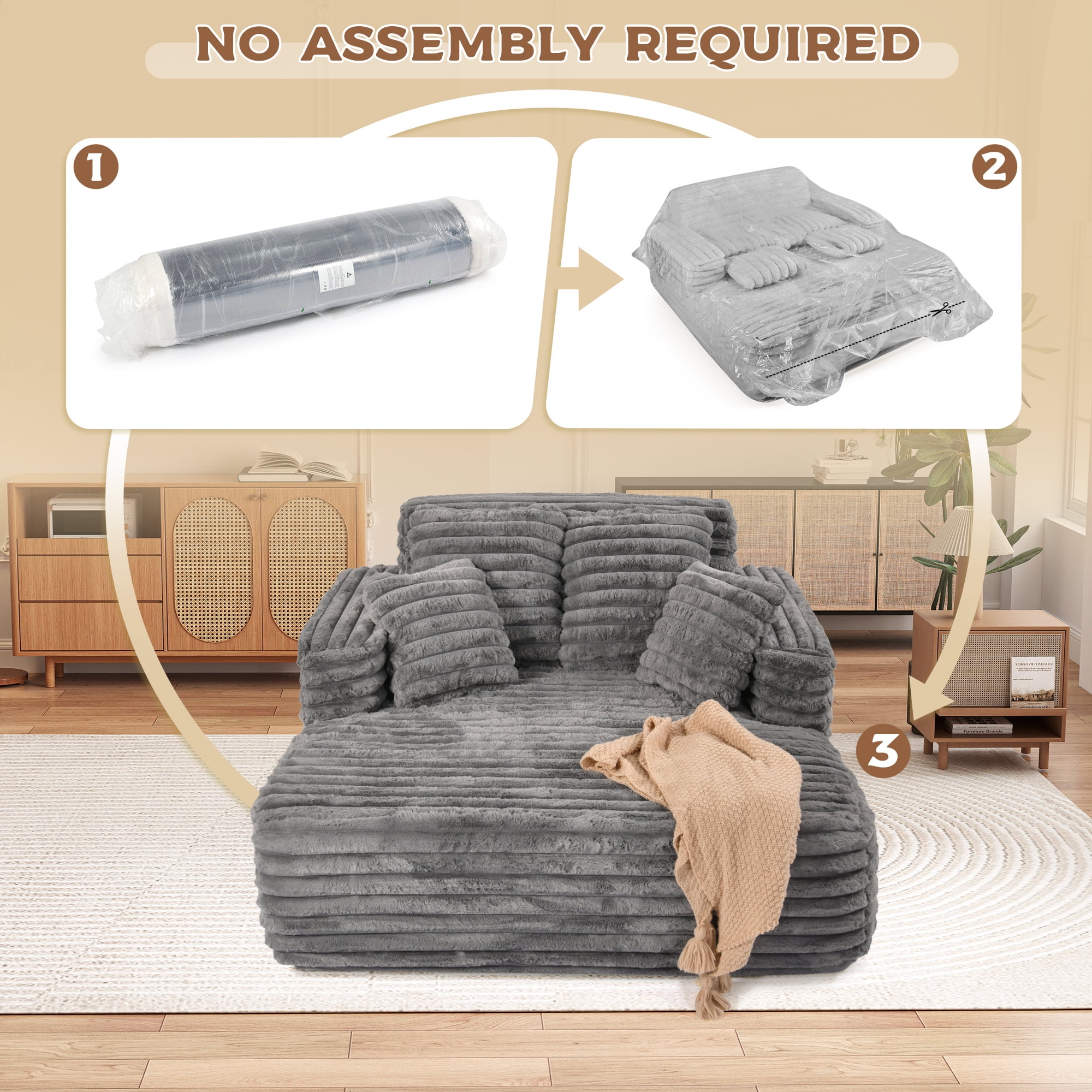 Muumblus Oversized Chaise Lounge Chair, Plush Corduroy Upholstered Sleeper Sofa for Living Room (Grey, 60 in x 40 in) gjbc4
