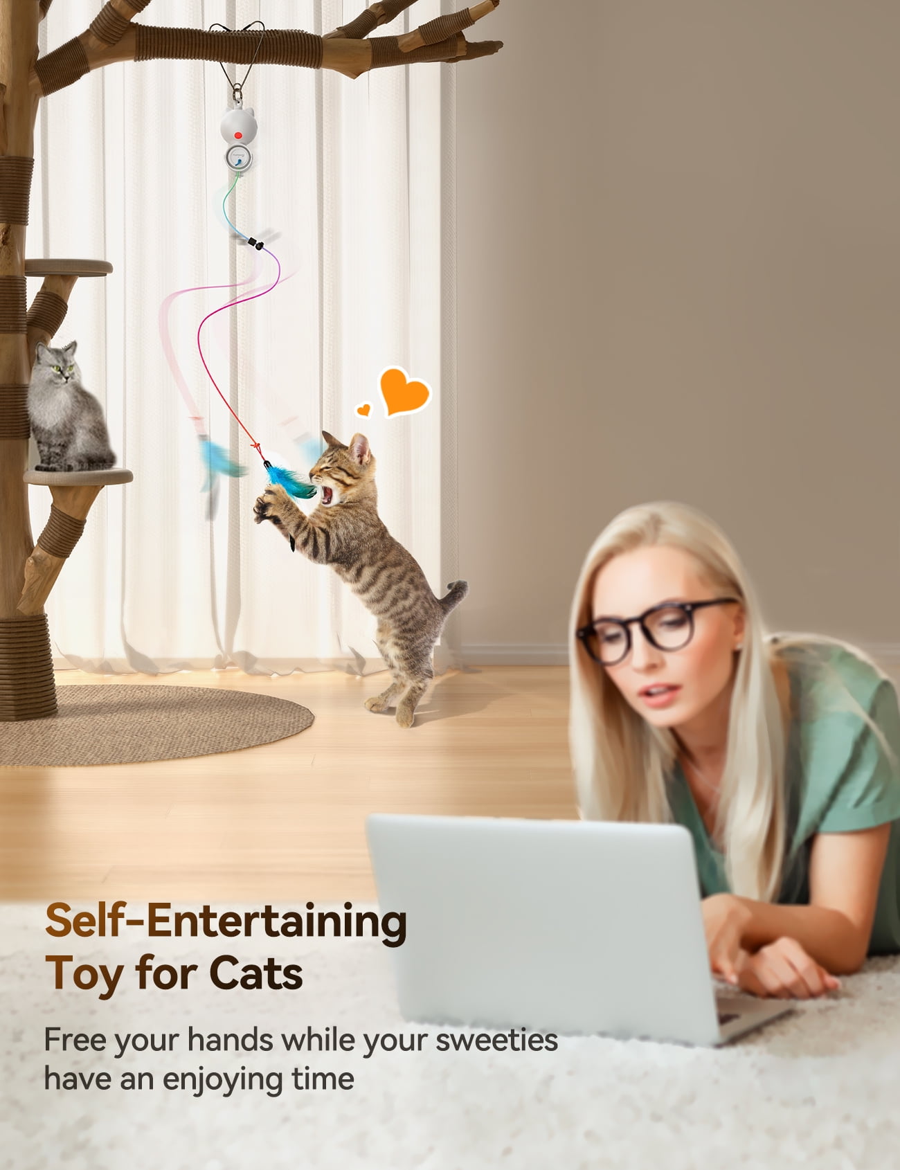 Feelneedy Interactive Cat Toy, 2-in-1 Automatic Laser Teaser and Hanging Feather Toy for Indoor Cats (White, 9.8 in) 47kni