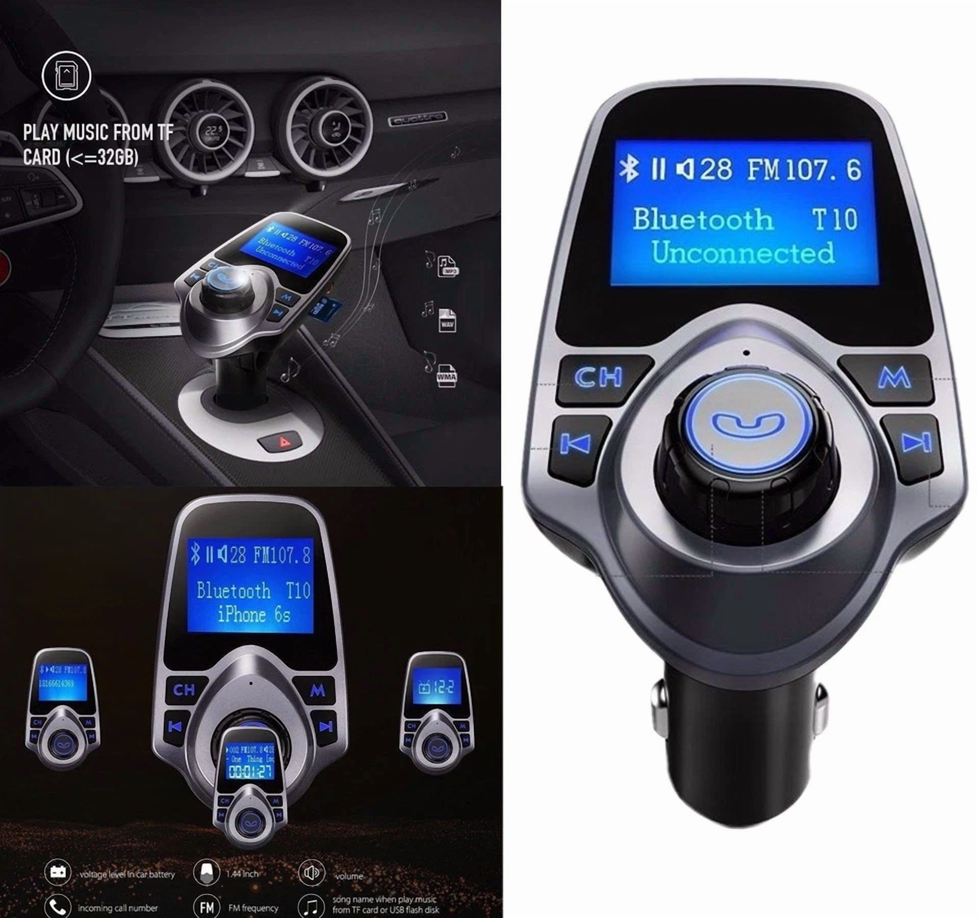 Rhea Car Bluetooth 4.0 FM Transmitter with Hands-Free Calling and USB Charging Port (Black, 1 Pack) u0duh