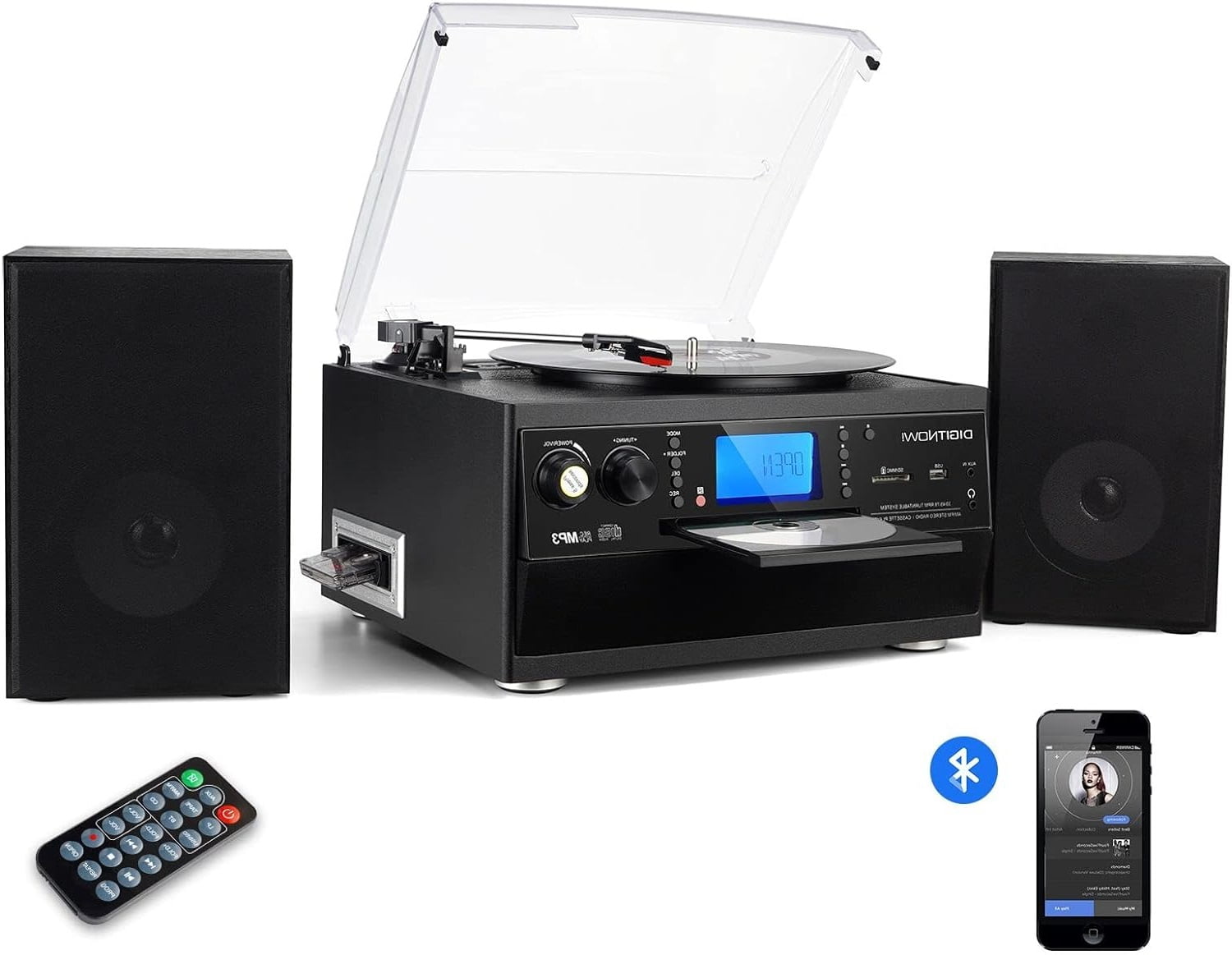 EYESEN Vintage Record Player with Bluetooth, CD Player, Cassette Deck, and AM/FM Radio (Stereo Speakers, Remote Control) bshug