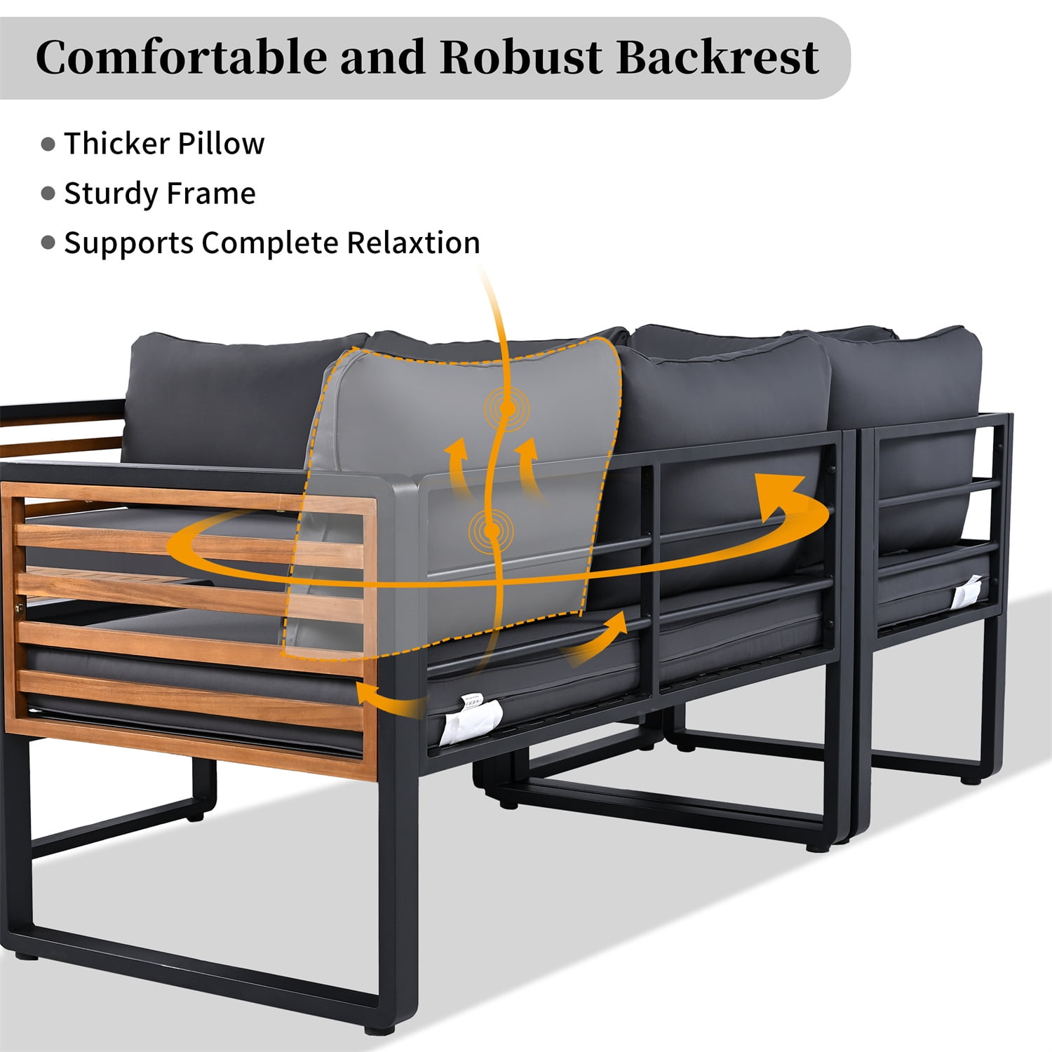 YIORTWO 4-Piece Outdoor Patio Furniture Set, L-Shaped Sectional Sofa with Gray Cushions and Acacia Wood Coffee Table (Black Metal Frame, 4-Piece Set) tm9zi
