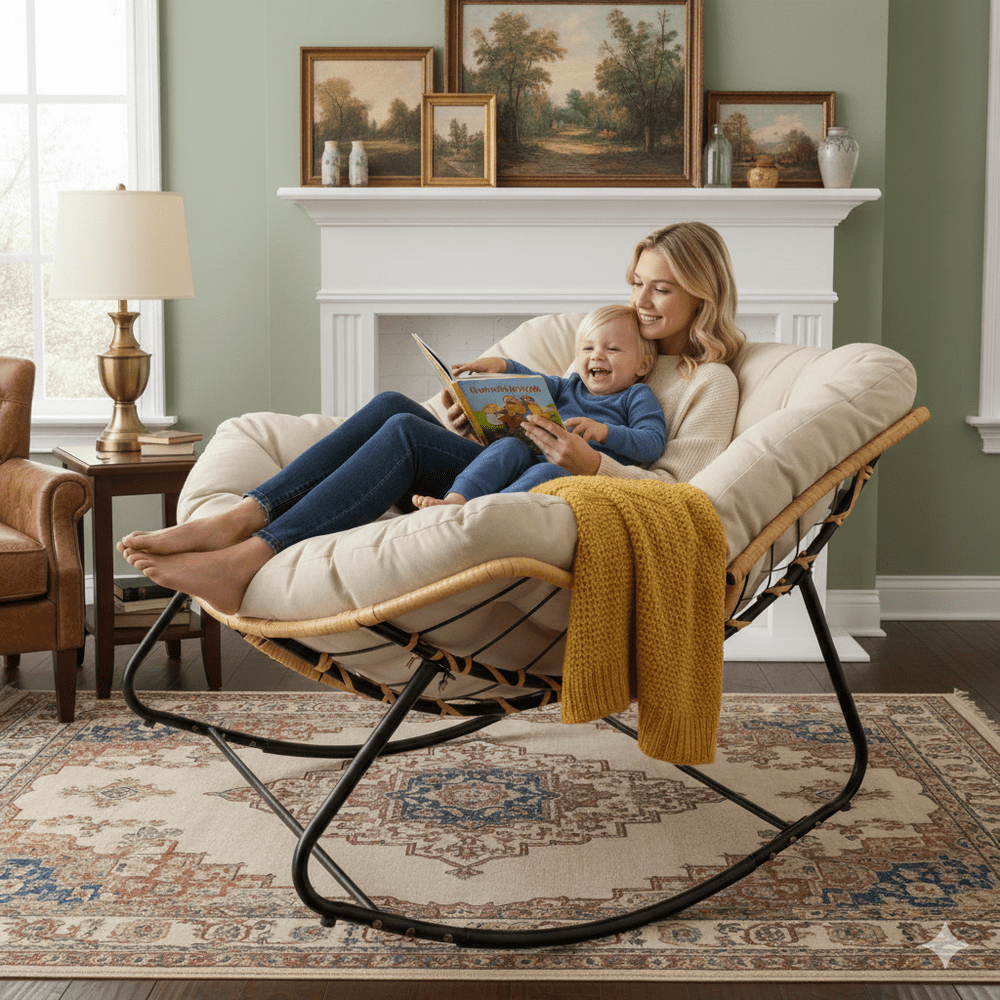LUMAMIN Oversized Round Glider Rocker Chair, Indoor and Outdoor Rattan Wicker Accent Chair for Living Room and Patio (Beige) o12kz
