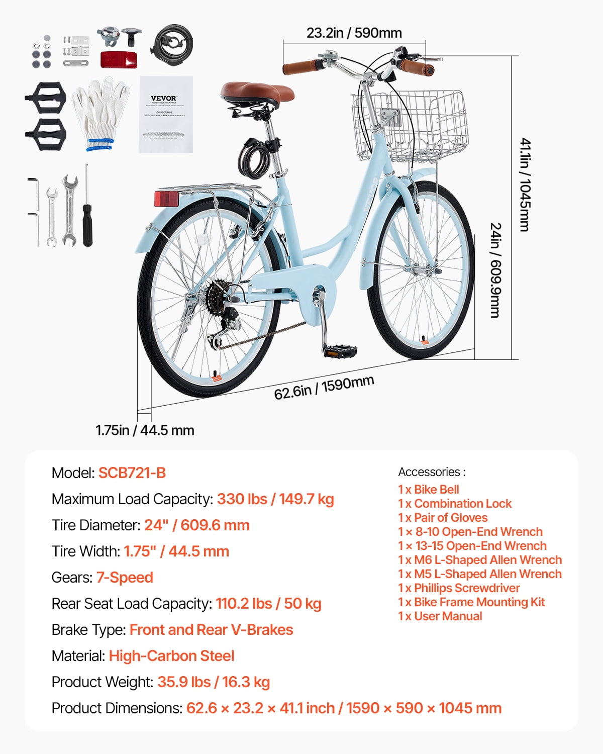 VEVOR 7-Speed Beach Cruiser Bike, 24-Inch Wheel Comfort Bicycle with Basket and Rear Rack (Light Blue, 24 in) f8yng