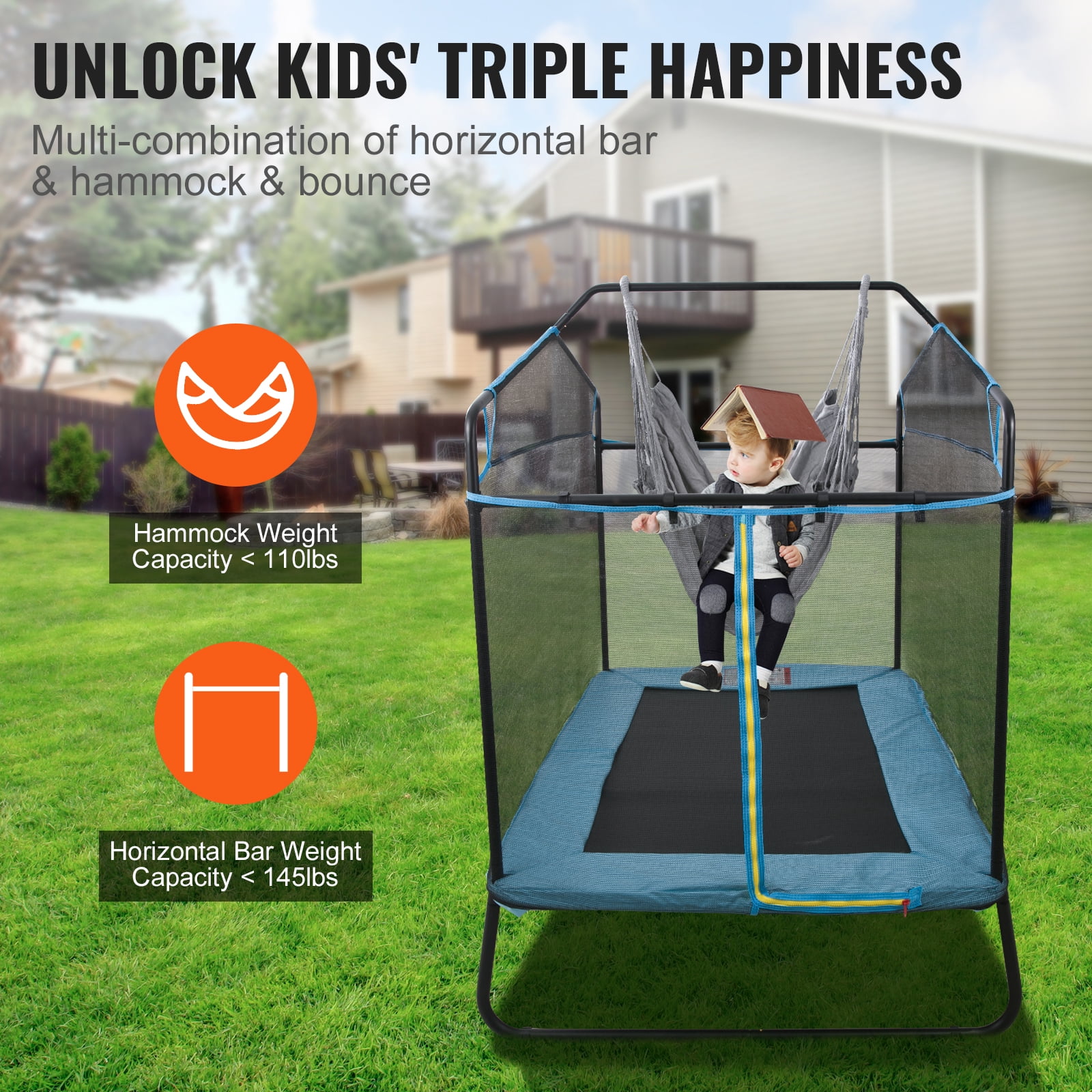 SKYSHALO Kids Trampoline with Enclosure Net and Gymnastics Bar (Blue, 6 ft) 8w30q