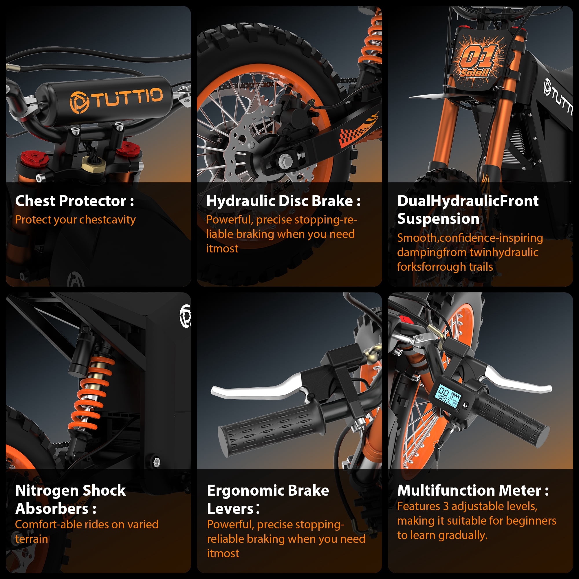 TUTTIO Soleil01 Adult Electric Dirt Bike, 3000W Motor, 45 Mile Range, Full Suspension (Black, 14 in x 12 in) eccs4