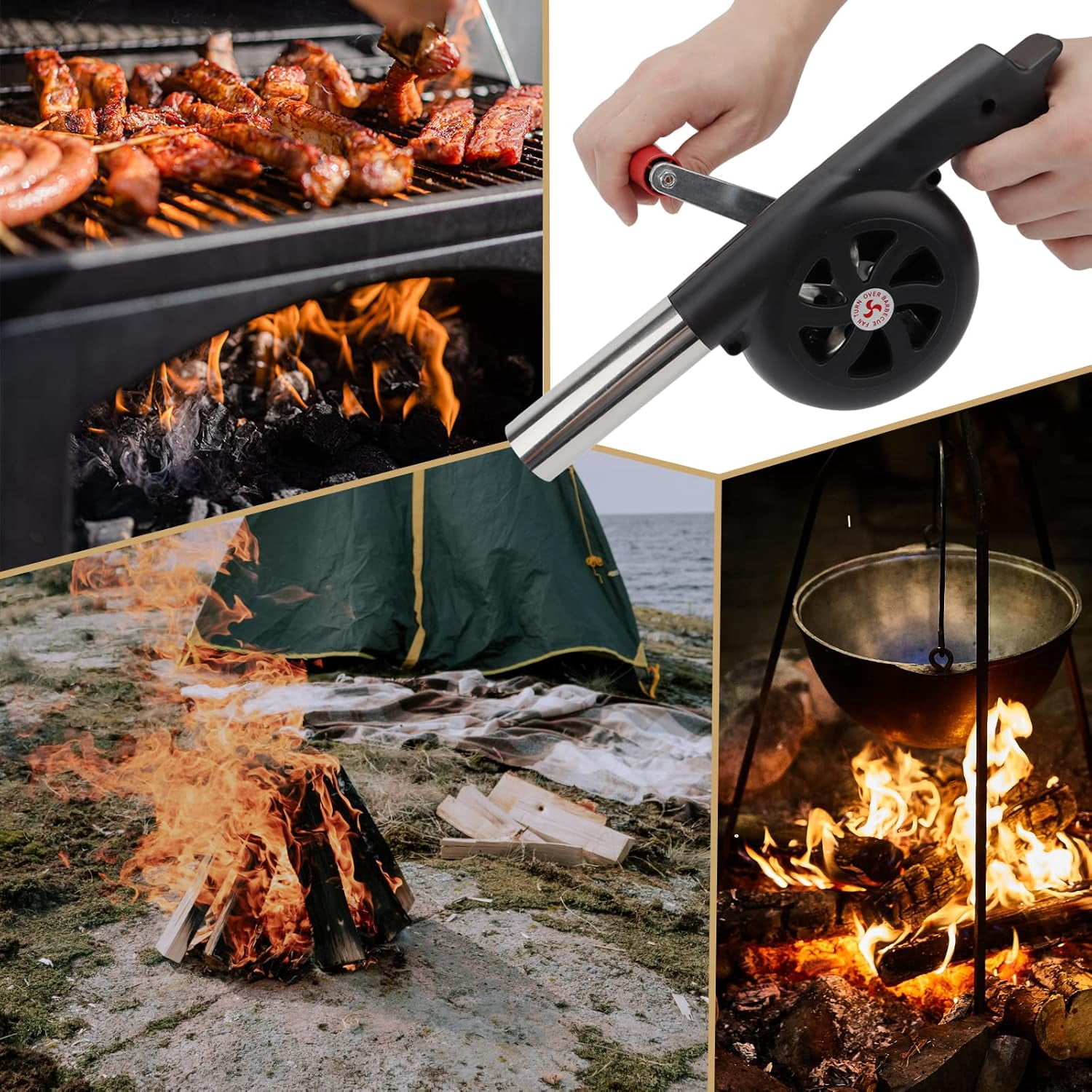 BYXAS Hand Crank BBQ Fan, Portable Manual Air Blower for Outdoor Grilling and Camping (Black, 11.4 in) 3pjbg
