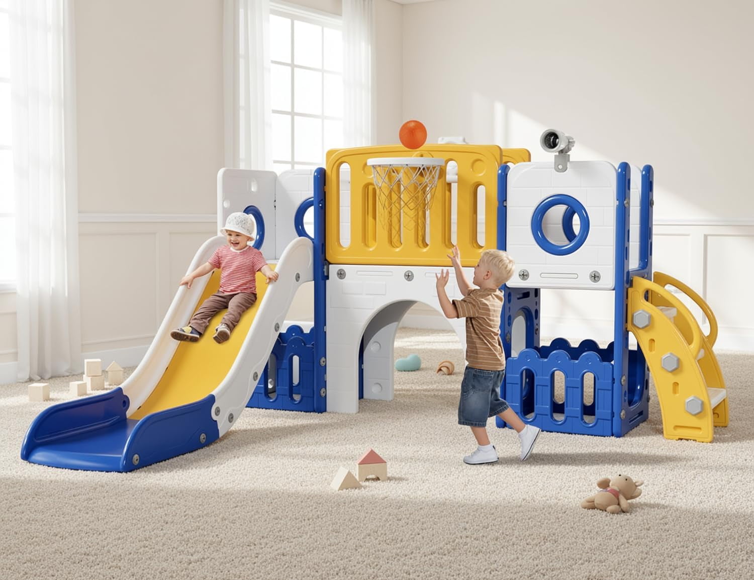 LAZY BUDDY 9-in-1 Toddler Slide and Climber Playset with Basketball Hoop and Storage (Blue) ifcey