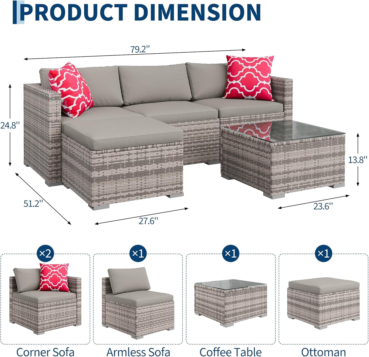 IdealHouse 5-Piece Outdoor Sectional Sofa Set, All-Weather PE Rattan Patio Furniture with Ottoman & Tempered Glass Table (Gray, 5-Piece Set) fbzxn
