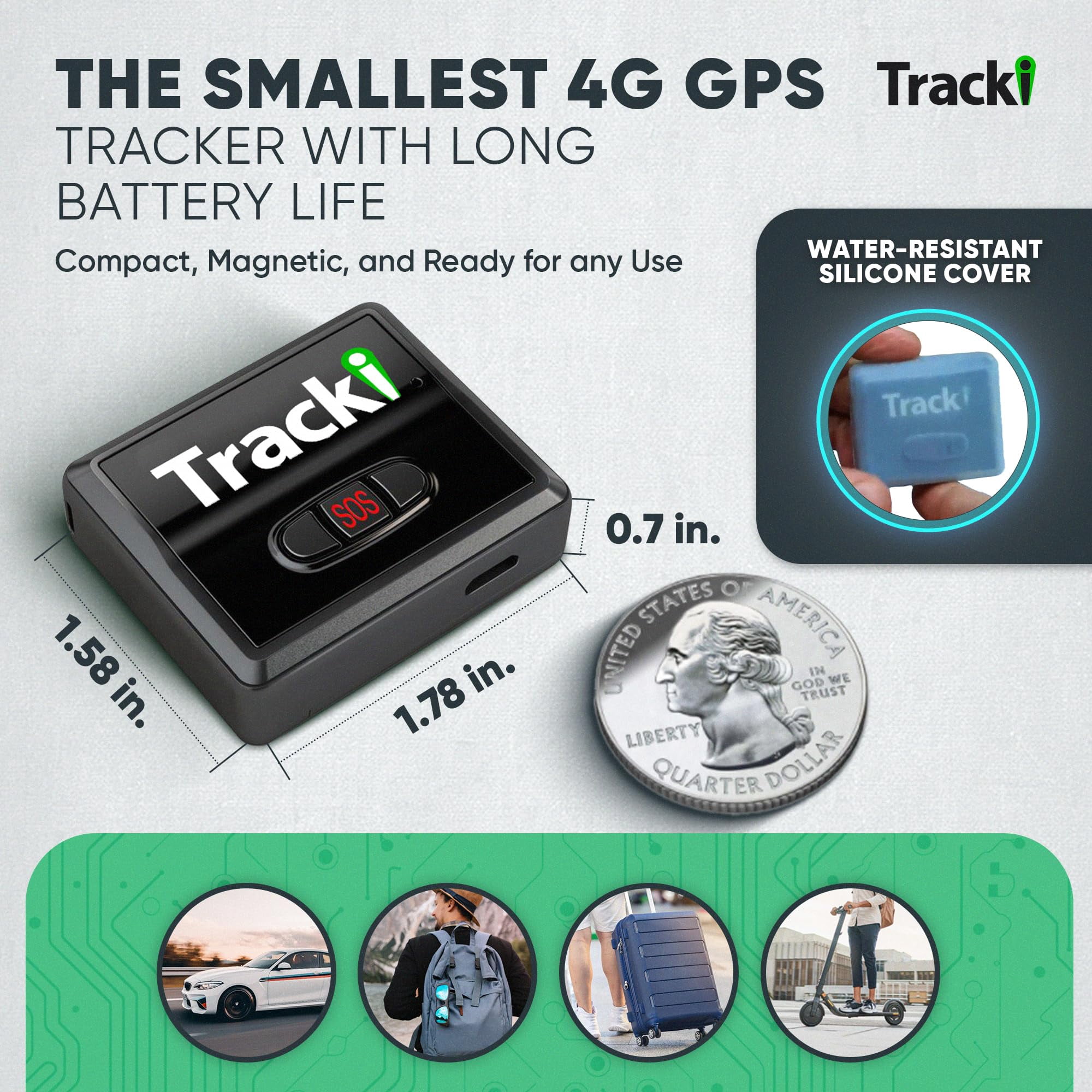 Tracki Magnetic GPS Tracker for Vehicles, 4G LTE Real-Time Tracking Device (Black, 1.26 oz) tdyp8