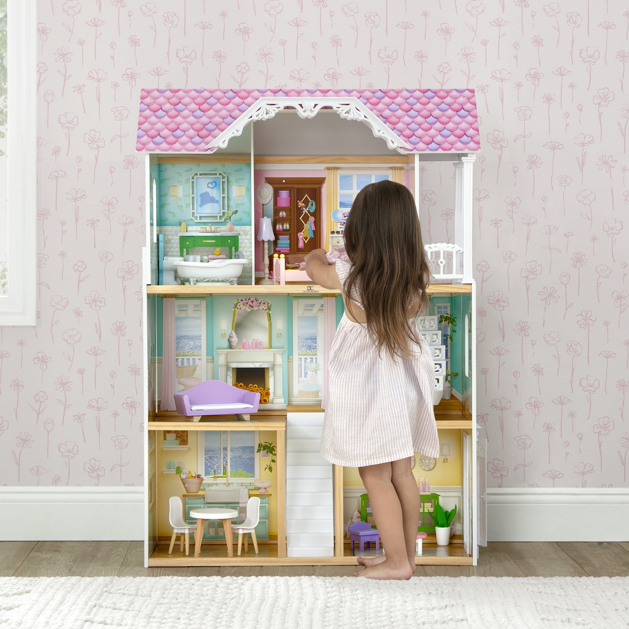 Delta Children MySize Wooden Dollhouse (Pink, 33 in W x 14.5 in D x 46.3 in H) pahsq