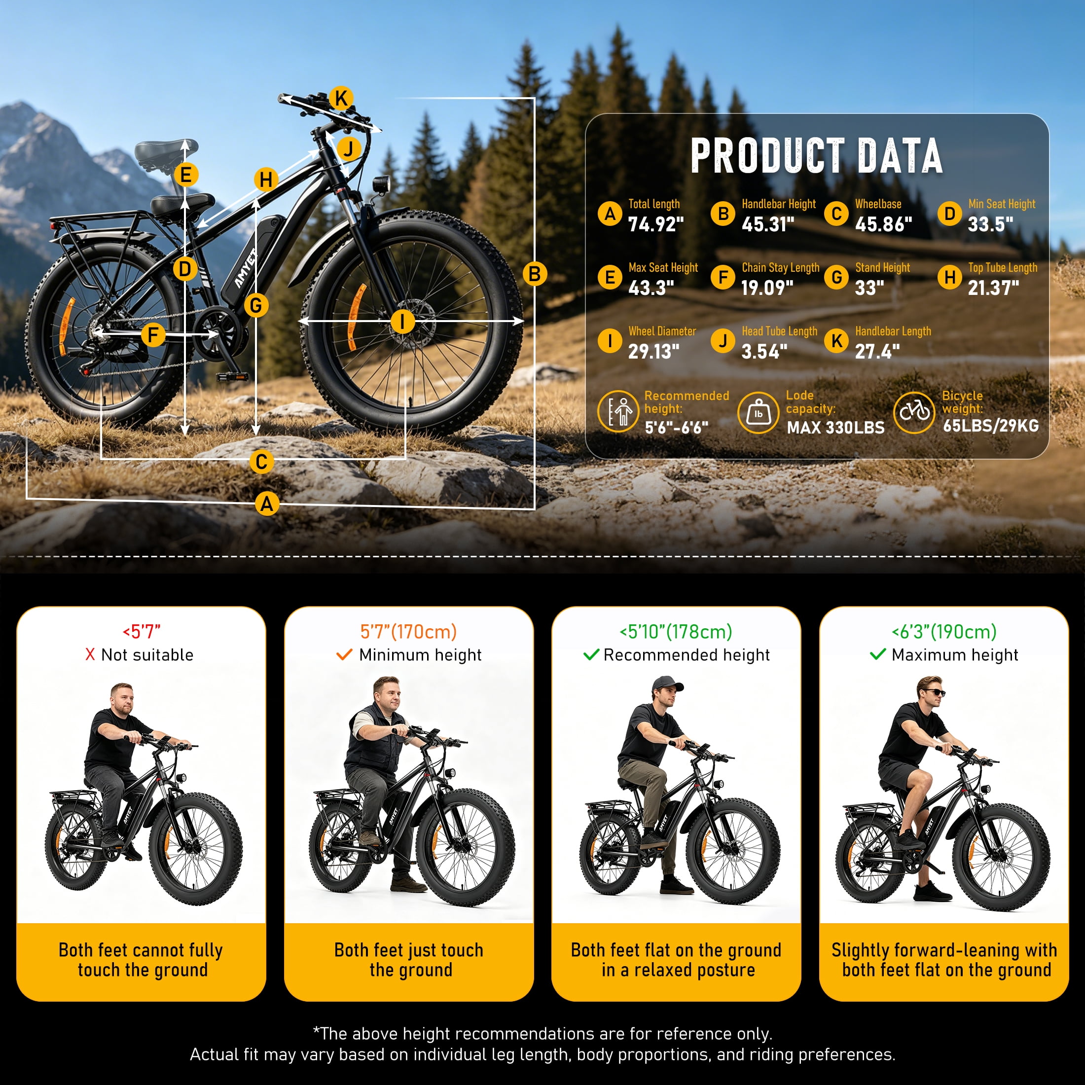 AMYET EB26 Electric Mountain Bike, 1500W Peak Motor, 26 in Fat Tire Ebike, 48V 15Ah Battery (Black, 26 in) pzb74
