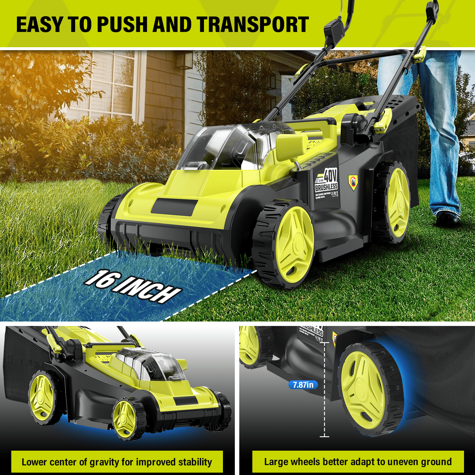 Greenworks 40V 16-inch Cordless Push Lawn Mower, Battery Powered Electric Mower with Dual 4.0Ah Batteries and Charger (Green, 16 in) bv9qi