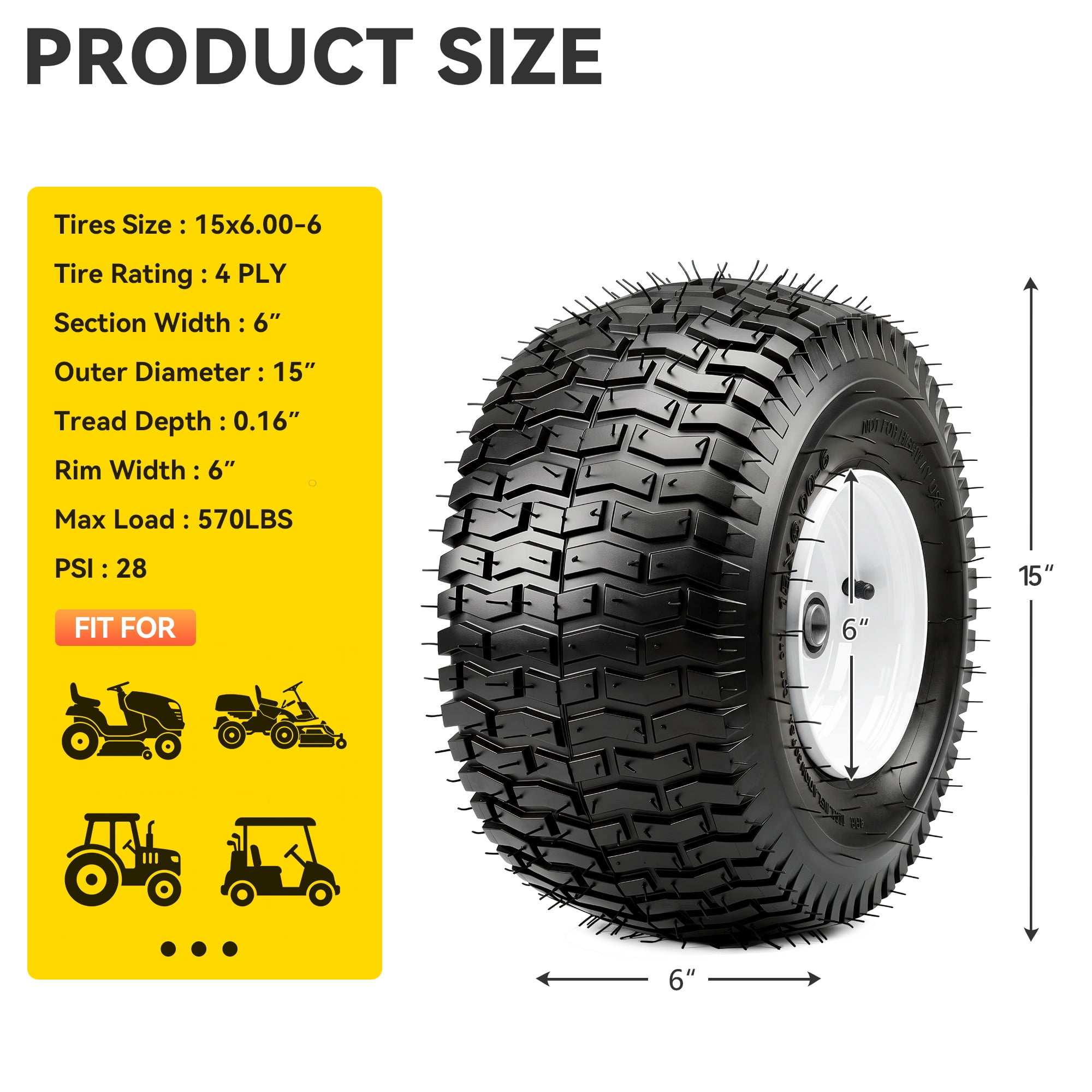 Dextrus 15x6.00-6 Lawn Mower Tire and Wheel Assembly (4-Ply Pneumatic, 3 in Centered Hub, 3/4 in Bearings, Set of 2) pggvs