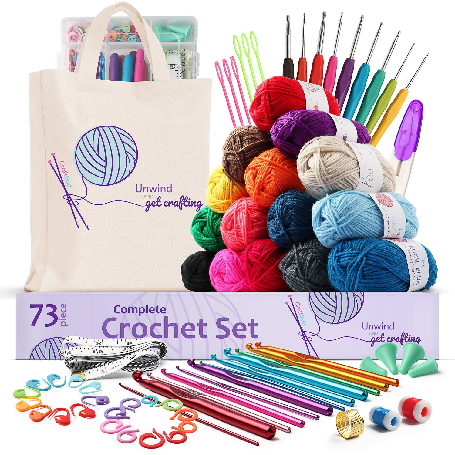 CraftBud Crochet Kit for Beginners, Complete Crafting Set with 1100 Yards Yarn, 9 Hooks, Accessories & Tote Bag (73-Piece) sfqcv