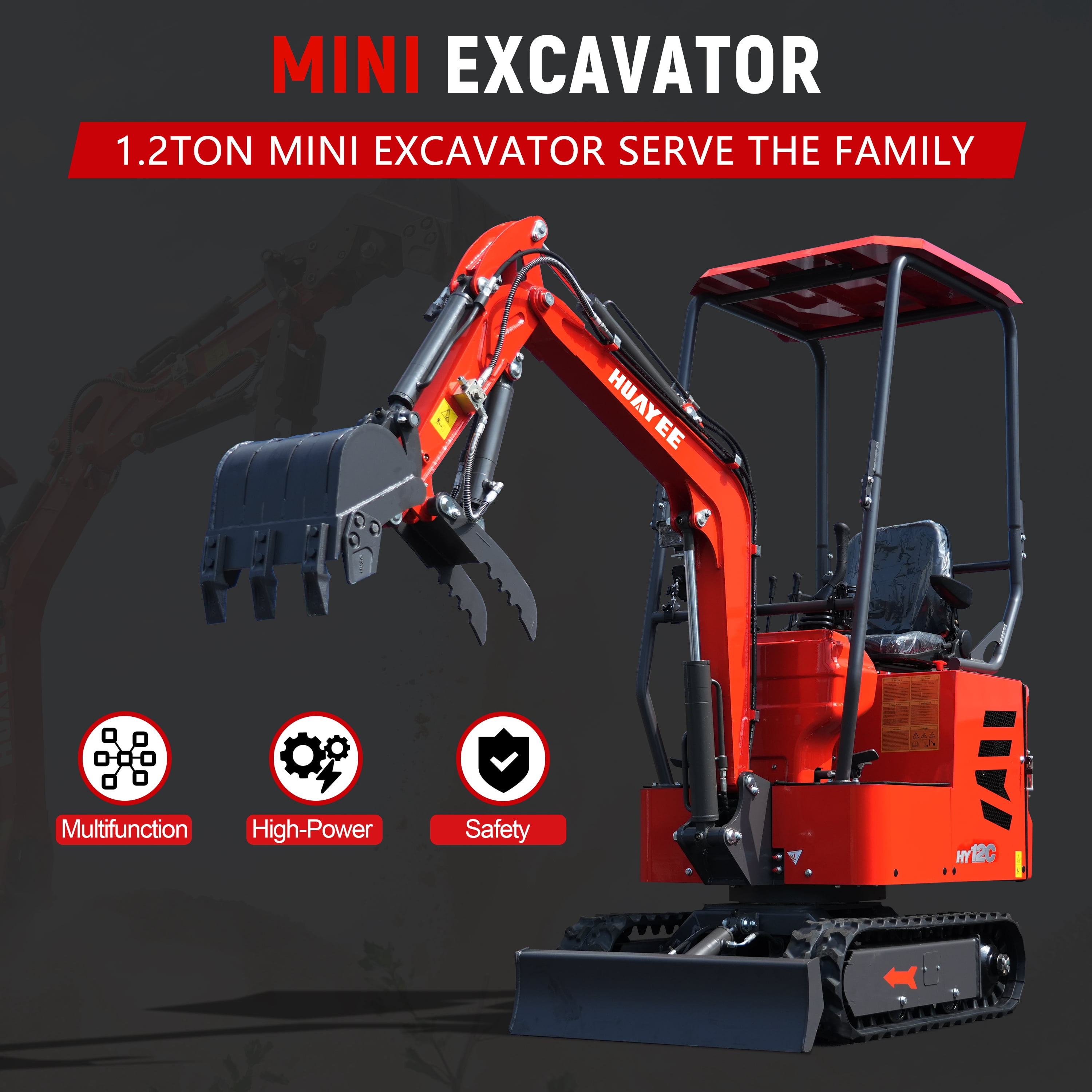HUAYEE HY12C Mini Excavator with Hydraulic Thumb and 13.5 HP EPA Gasoline Engine (1.2 Ton, 31.5 in Bucket) utyy3