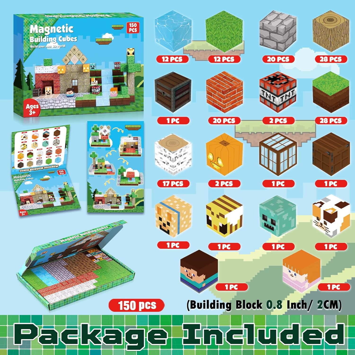 Annexfun Magnetic Building Blocks Set, STEM Montessori Sensory Stacking Cubes for Creative Construction (150 Pieces) a3tdz