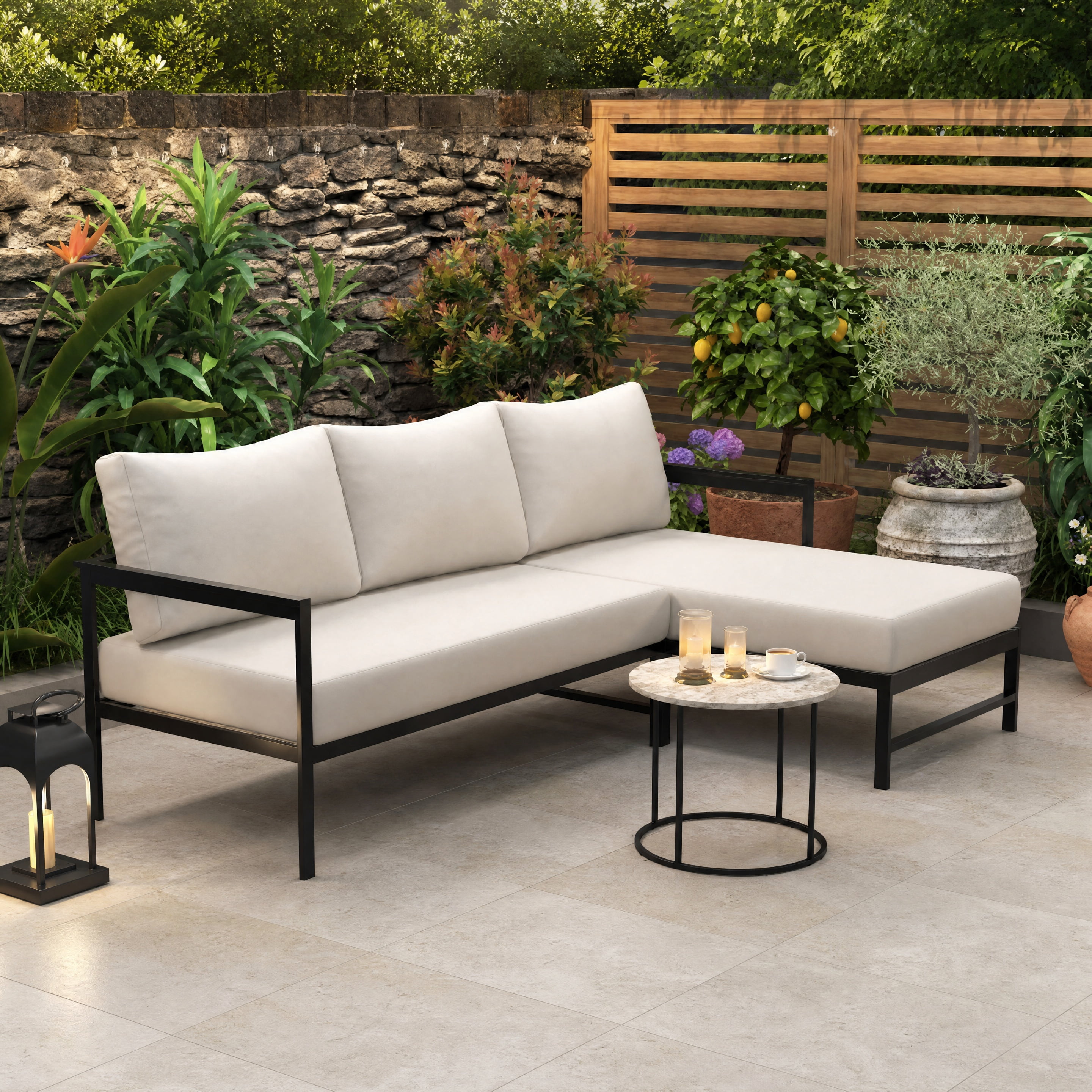 Cozynest L-Shaped Outdoor Patio Sofa Set, Weather-Resistant Iron Frame Sectional Couch with 5.9 in Thick Cushions (Beige, 3-Seat) 67d8m