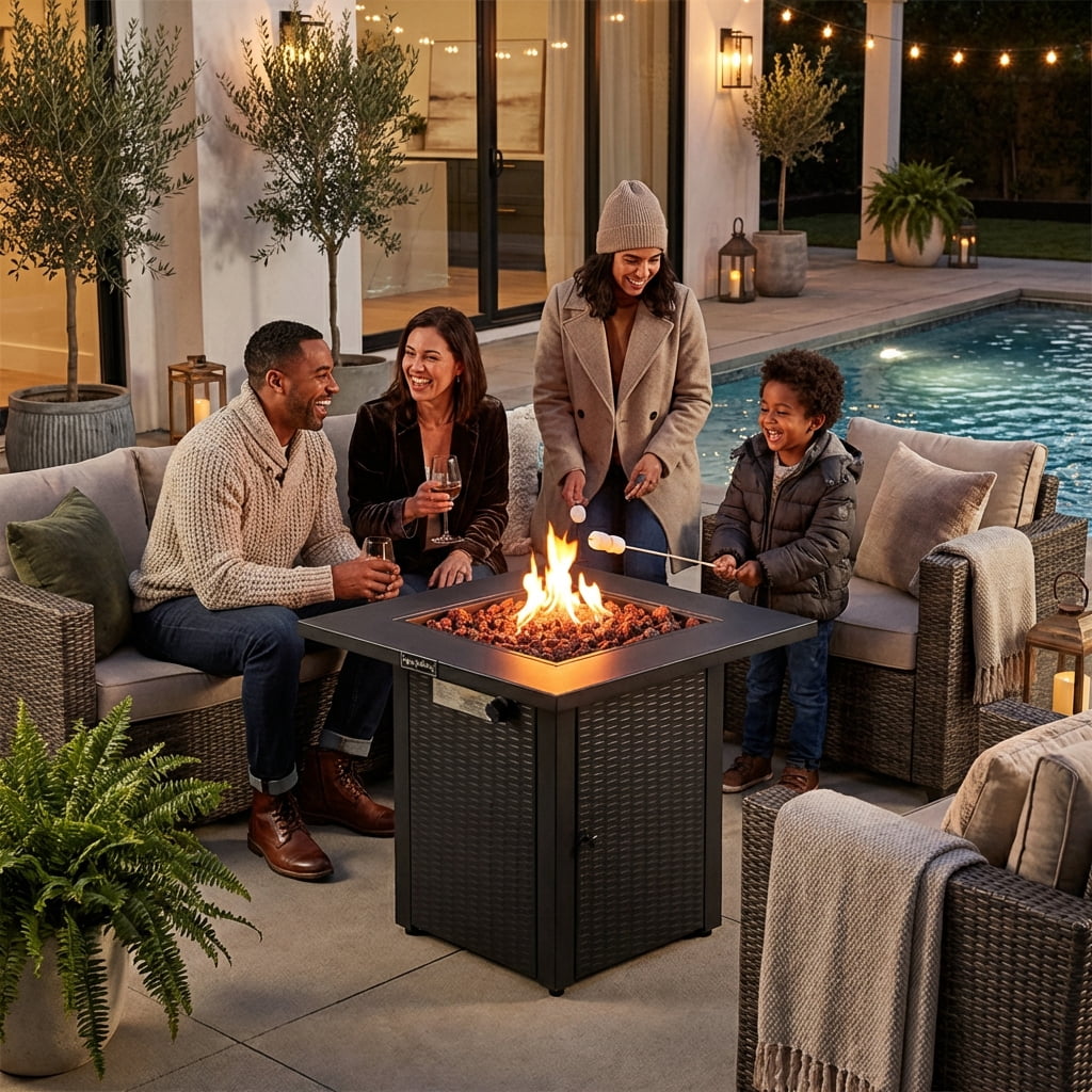 Legacy Heating 28 in Square Wicker Propane Fire Pit Table, Outdoor Patio Heater with Lava Rocks (Brown, 28 in x 28 in x 24 in) nqukh