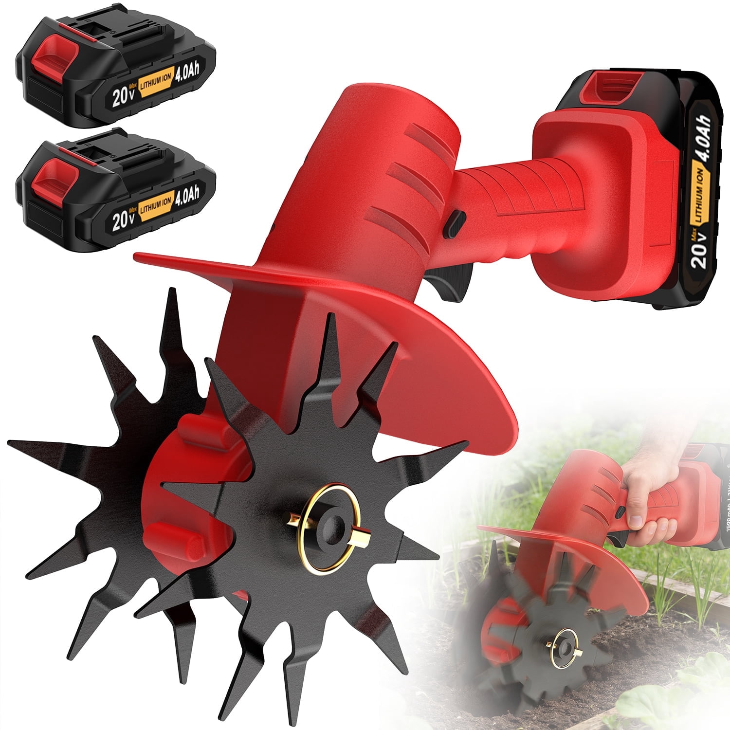 MQTDIK 20V Cordless Tiller Cultivator, Electric Garden Soil Aerator with Dual Batteries (4.7 in Width, 4 in Depth) f24e3
