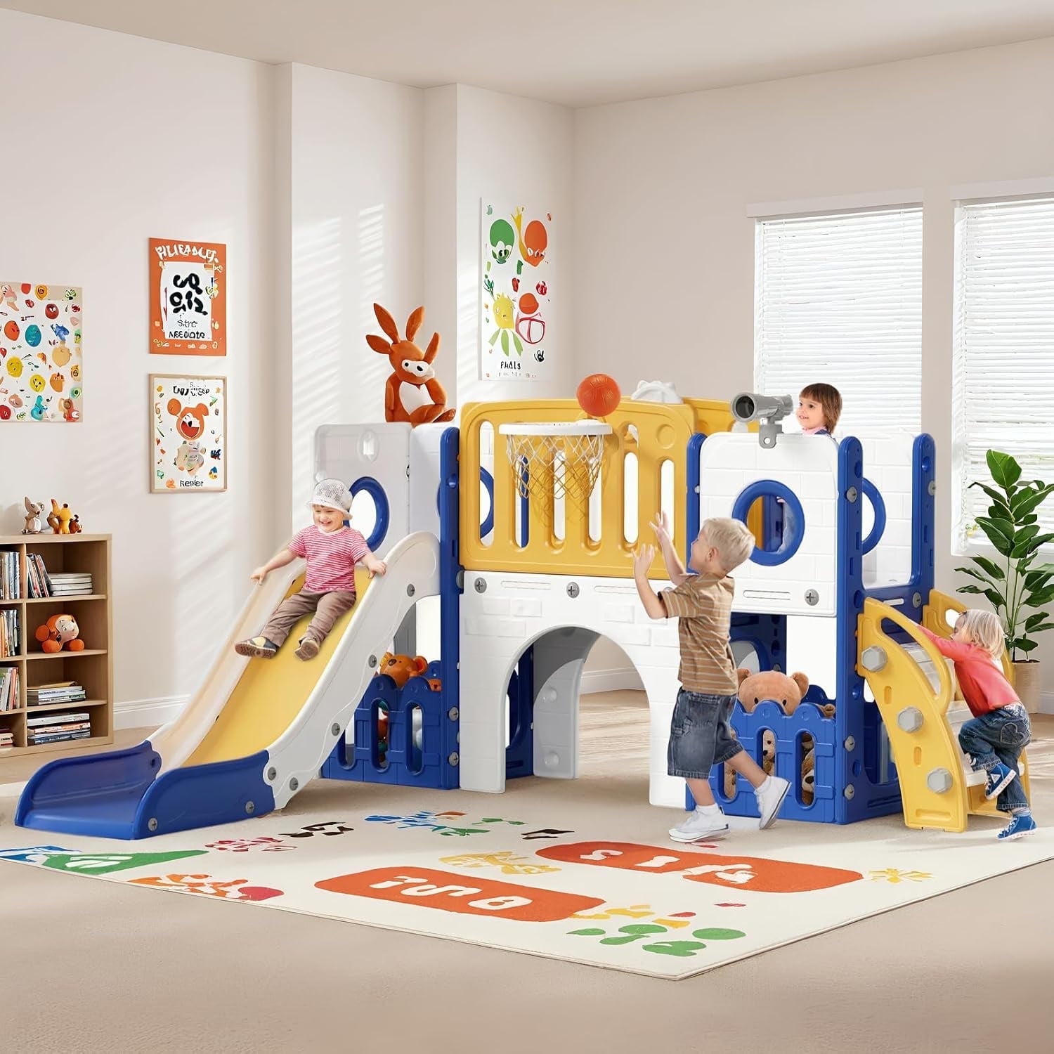 LAZY BUDDY 9-in-1 Toddler Slide and Climber Playset with Basketball Hoop and Storage (Blue) ifcey