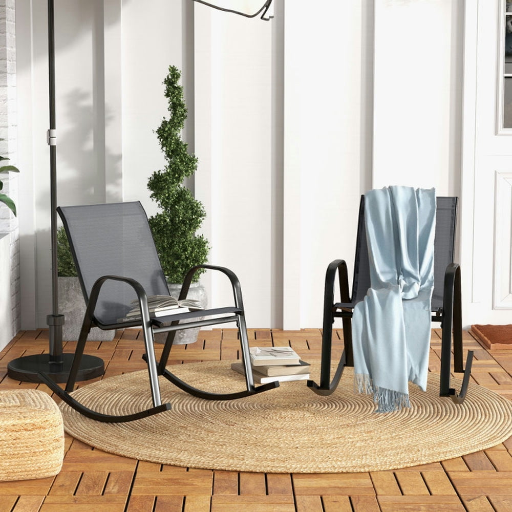 Spaco Heavy-Duty Metal Patio Rocking Chairs with Ergonomic Backrest and Breathable Fabric (Gray, Set of 2) 9zh32