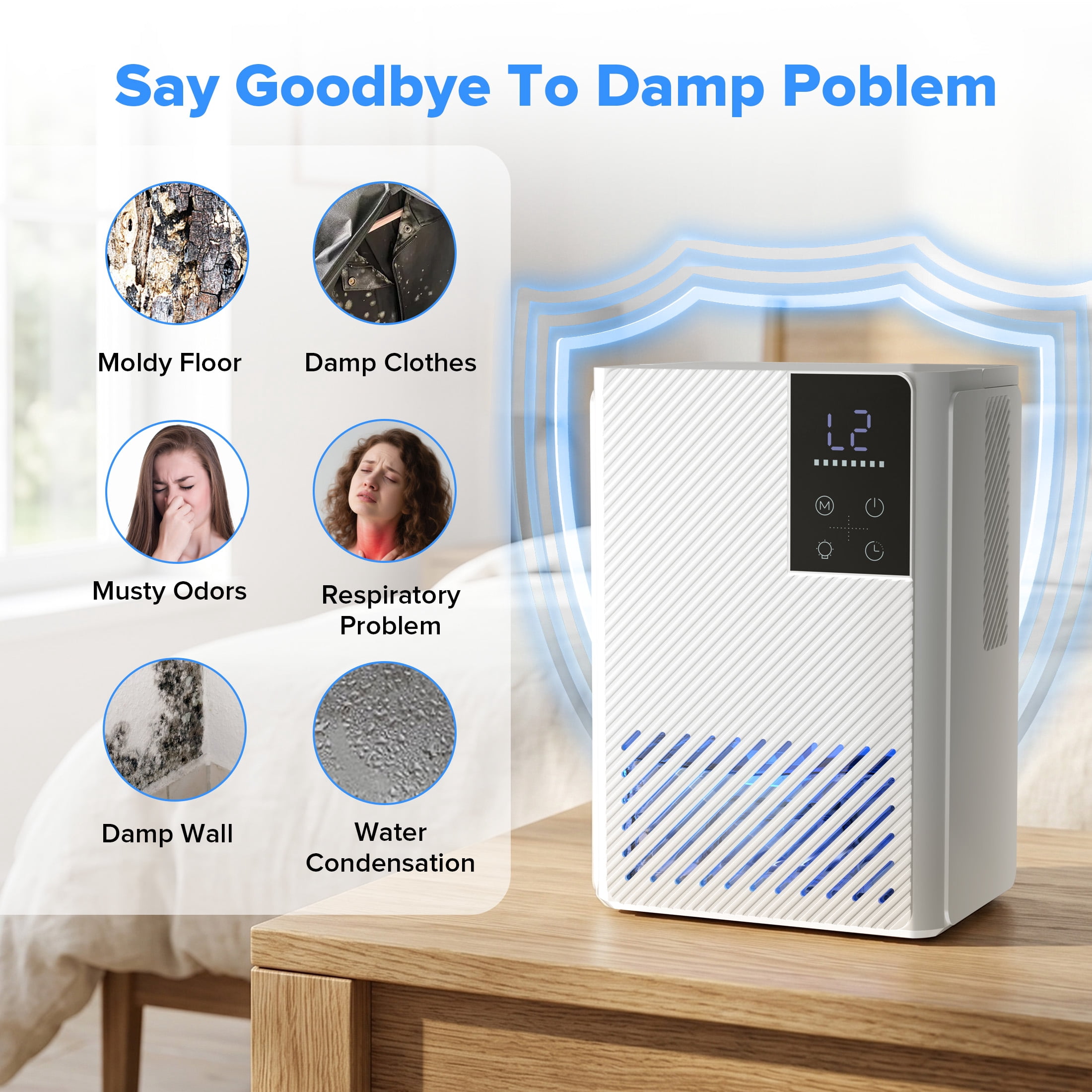 KissAir Dehumidifier for Home, Quiet Sleep Mode with 7 Color LED Light (White, 67 oz) qxs6t
