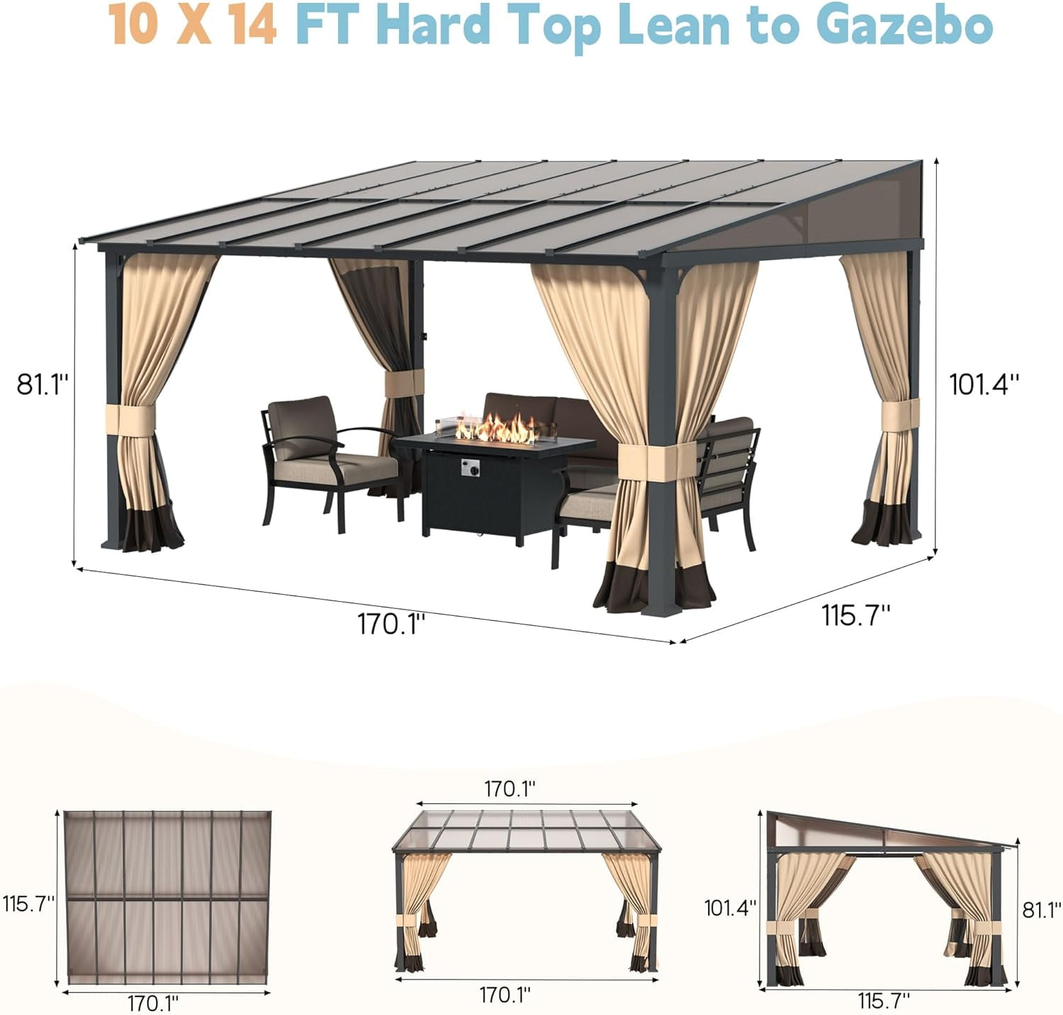 ALAULM Wall Mount Hardtop Gazebo with Curtains and Netting, Outdoor Patio Pergola (Sand, 10 ft x 14 ft) d3rk4