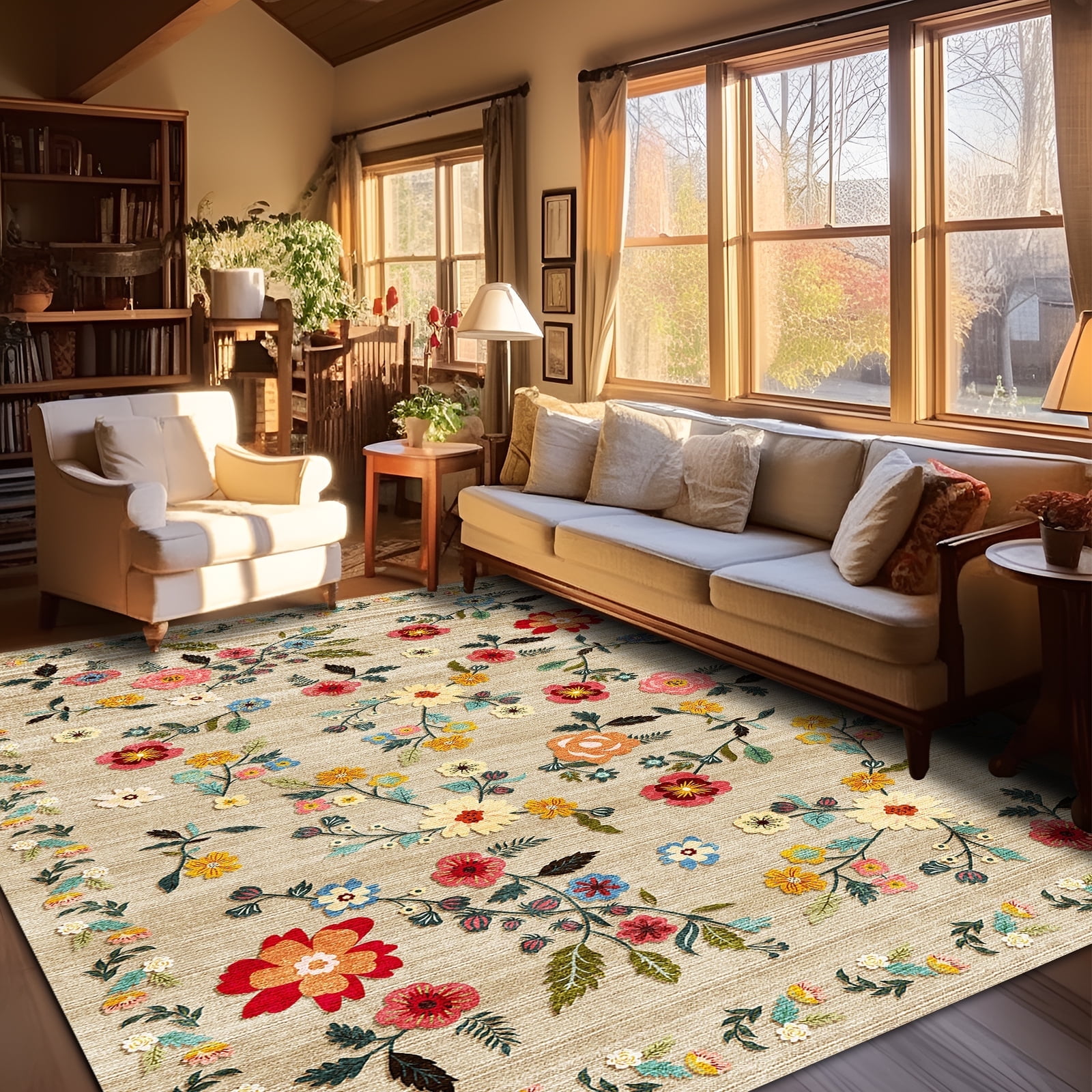 Pentantan Floral Area Rug, Machine Washable Soft Indoor Carpet for Living Room and Bedroom (Beige, 5 ft x 7 ft) xsutb