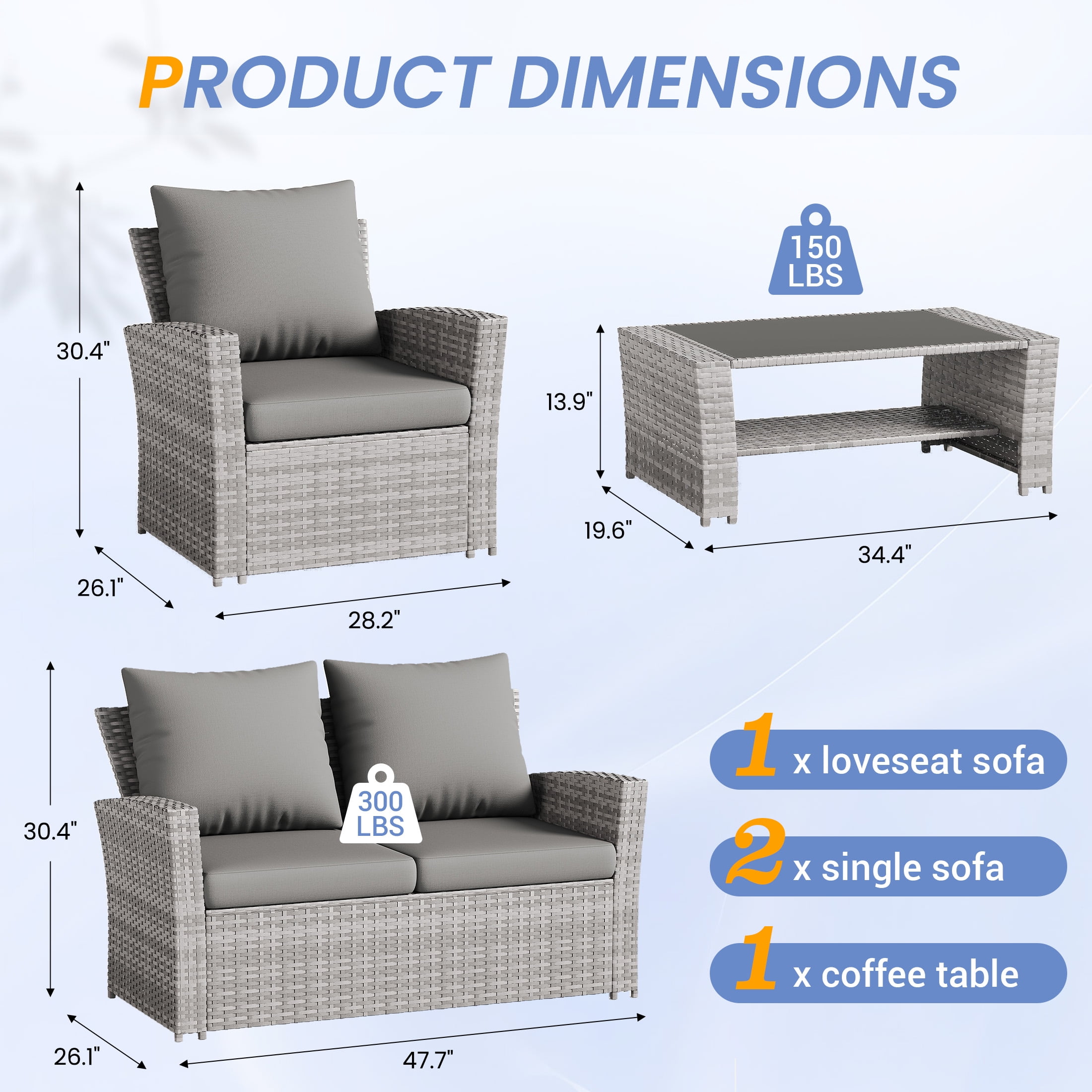 UDPATIO 4-Piece Wicker Patio Furniture Set, Outdoor Sectional Conversation Sofa with Cushions (Gray, 4-Piece Set) 0rb7t