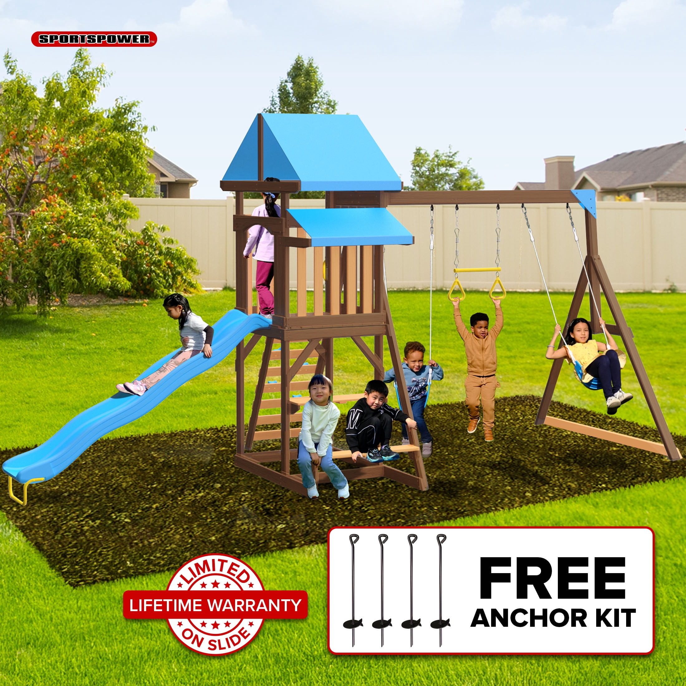 Sportspower Rosemont Wooden Swing Set with Play Fort, Rock Climber, Sandbox, and 8 ft Slide (Blue, 17.9 ft x 7 ft x 9.1 ft) uirkx