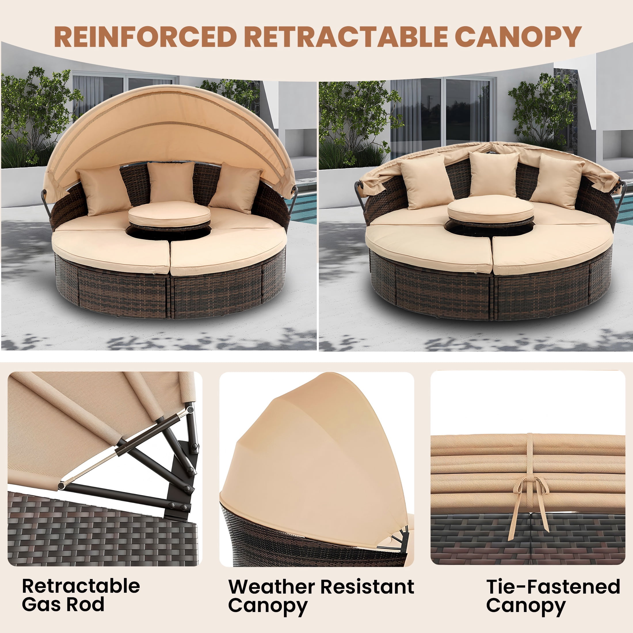 Seizeen 4-Piece Outdoor Patio Daybed with Retractable Canopy, Rattan Wicker Sectional Conversation Set with Lifting Ottoman Table (Khaki, 4-Piece) rnj6u