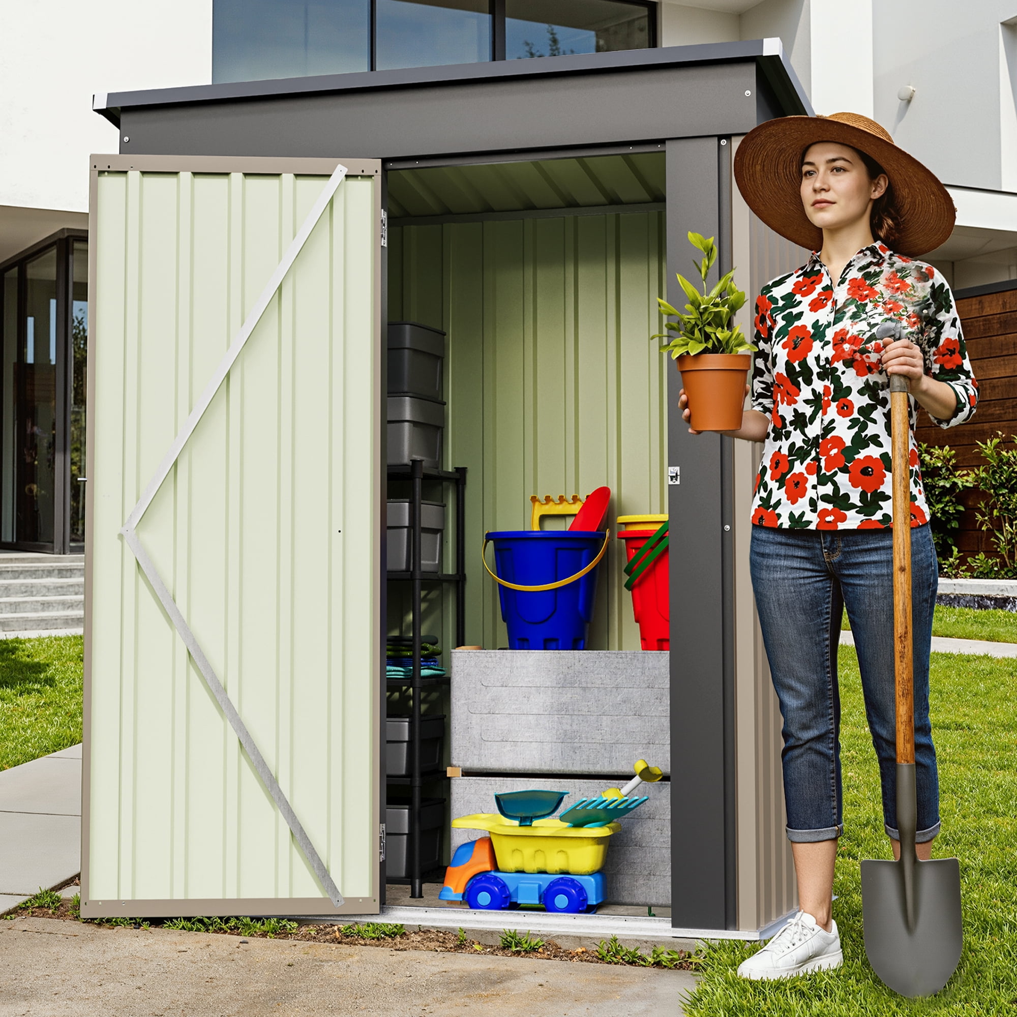 Homall Outdoor Storage Shed, Galvanized Steel Garden Tool Organizer with Lockable Doors (Brown, 5 ft x 3 ft) lu918