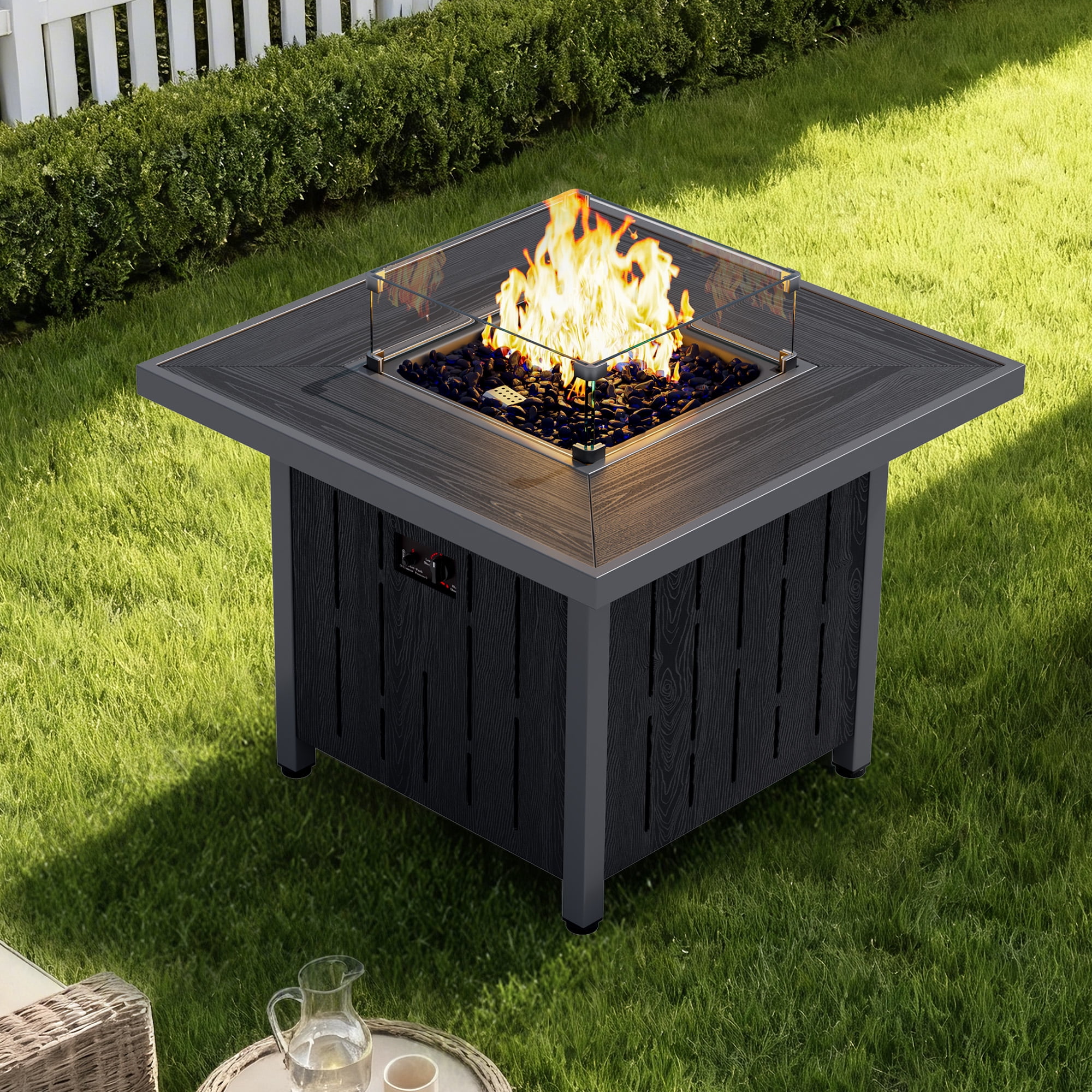 SERWALL 33 in Square Propane Fire Pit Table with Glass Wind Guard and Lid (Black, 50,000 BTU) s92h0