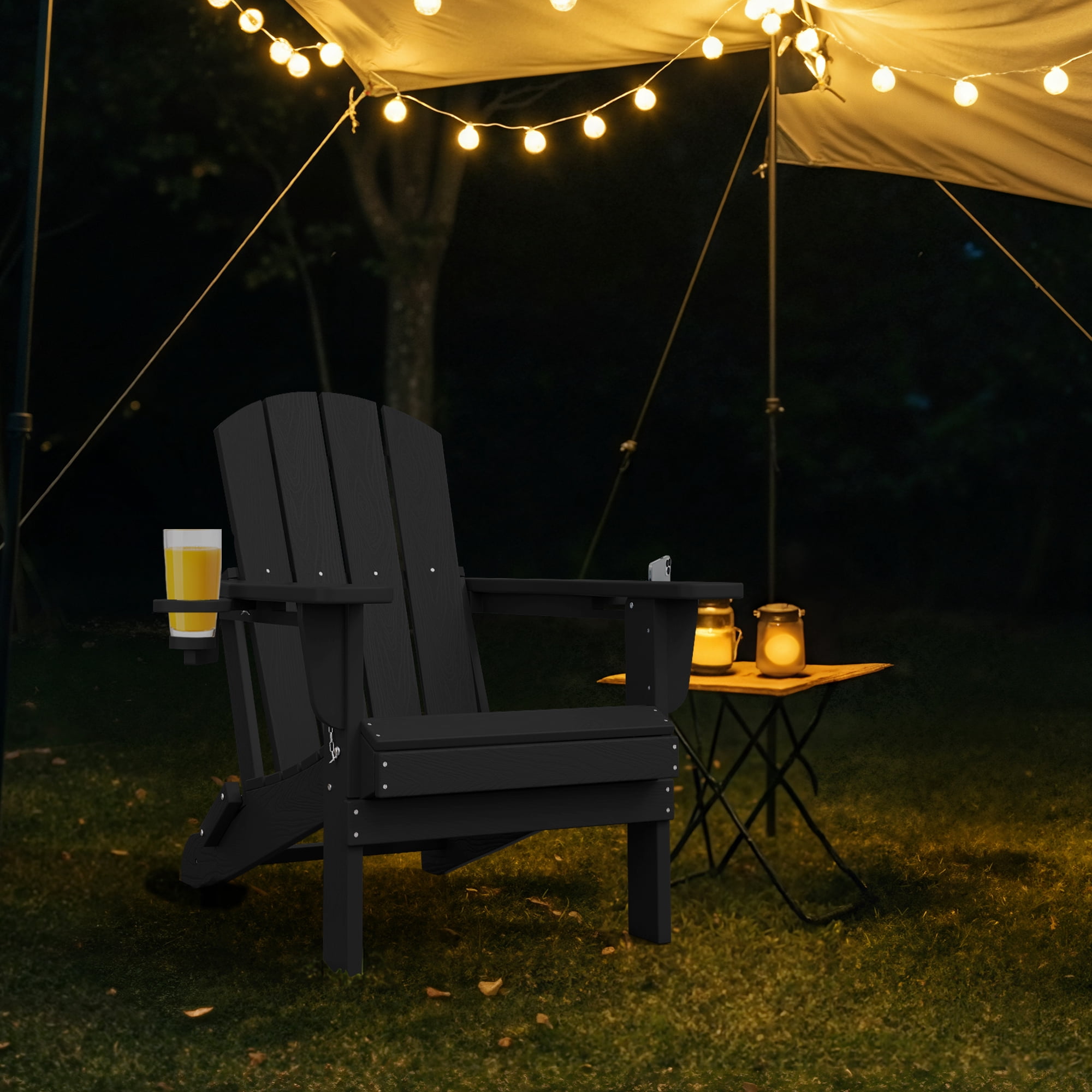 SERWALL Folding Adirondack Chair Set, All-Weather HDPE Patio Furniture with Cup & Phone Holders (Black, 32.5 in x 29.3 in x 35.8 in) ps3gb