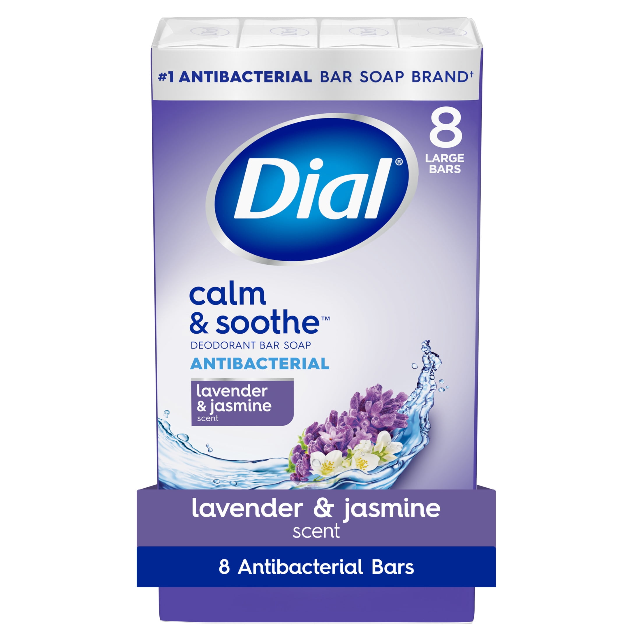 Dial Antibacterial Bar Soap, Calm & Soothe Lavender & Jasmine Deodorant Cleanser (8 Bars, 4 oz each) 4k5c8