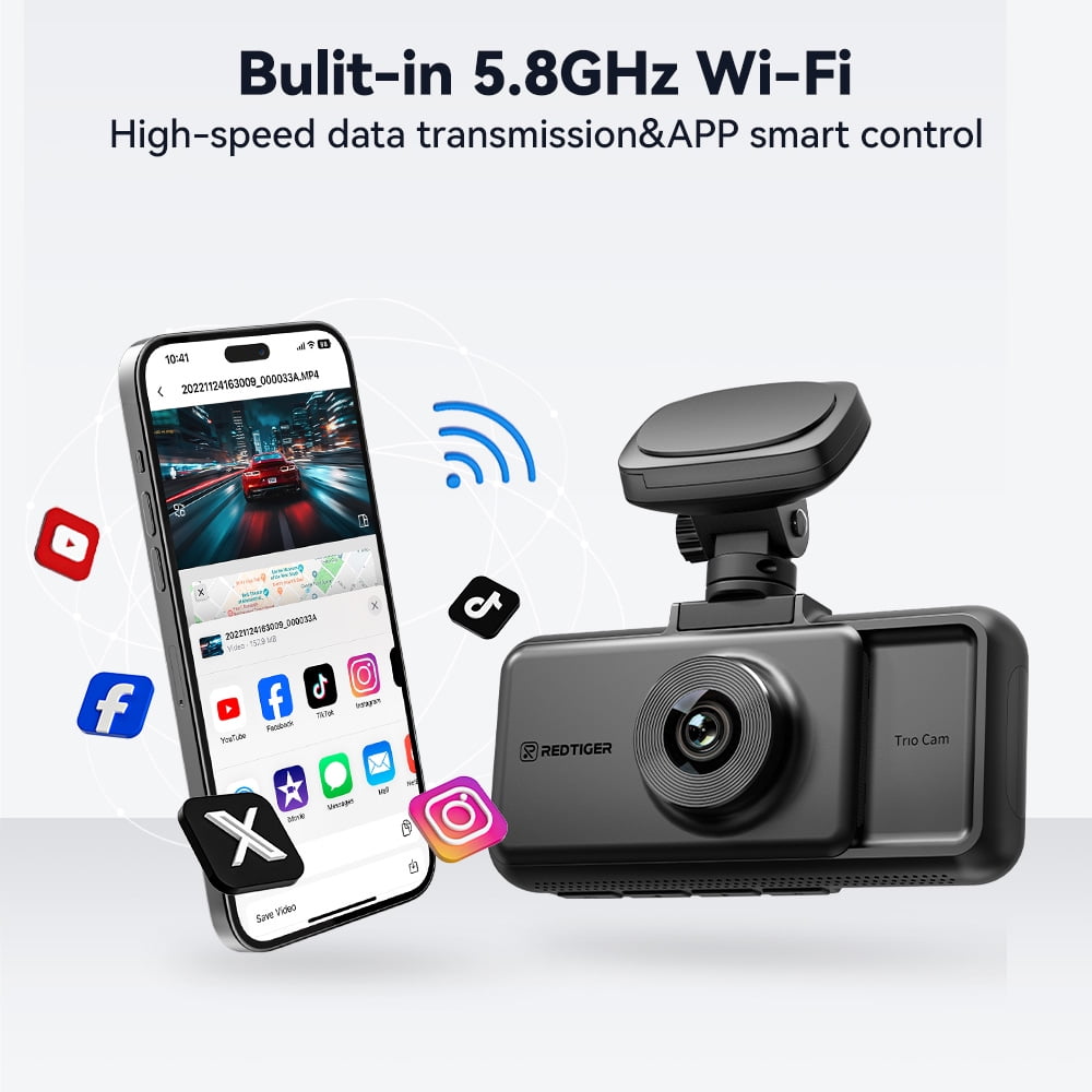 REDTIGER A6 3-Channel Dash Cam, Front Rear and Interior Triple Camera, WiFi GPS Touch Screen (Black, 64GB) fagw2