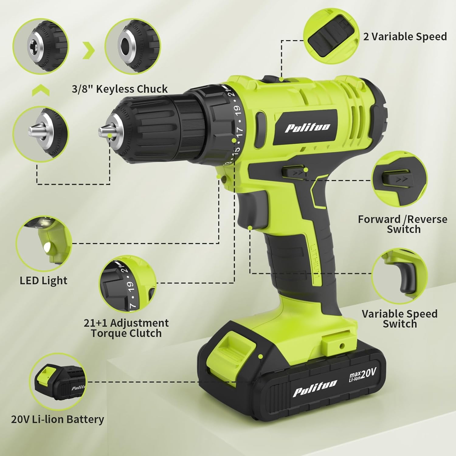Pulituo 20V Cordless Drill Driver Kit, All-Purpose Home Repair Tool Set with 119 Pieces (Green, 119-Piece Set) gevl8