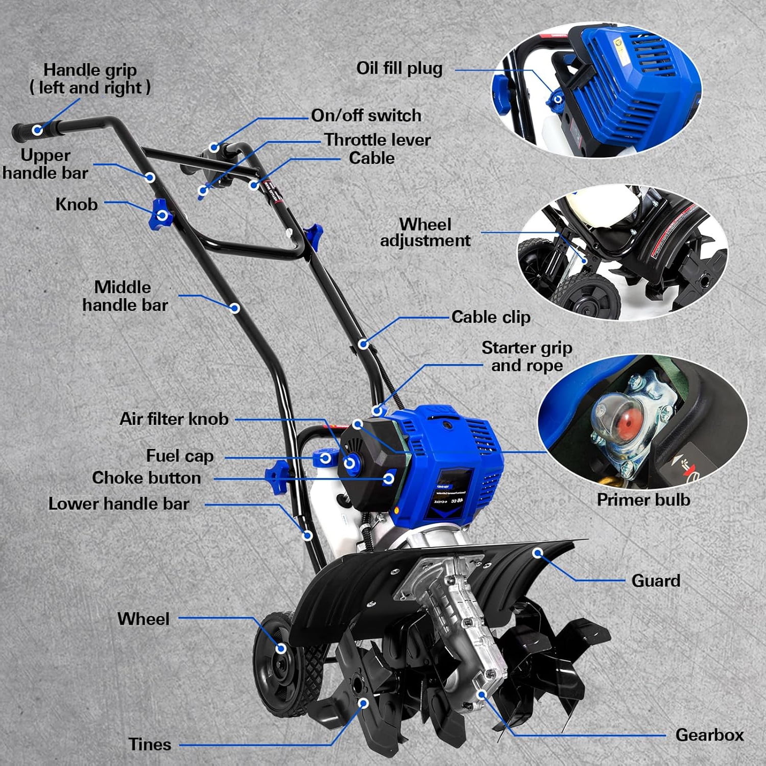 ANLIBATT Gas Tiller Cultivator 46cc 1.9HP Heavy-Duty Garden Soil Rototiller (16 in. Width, 8 in. Depth) gy28p