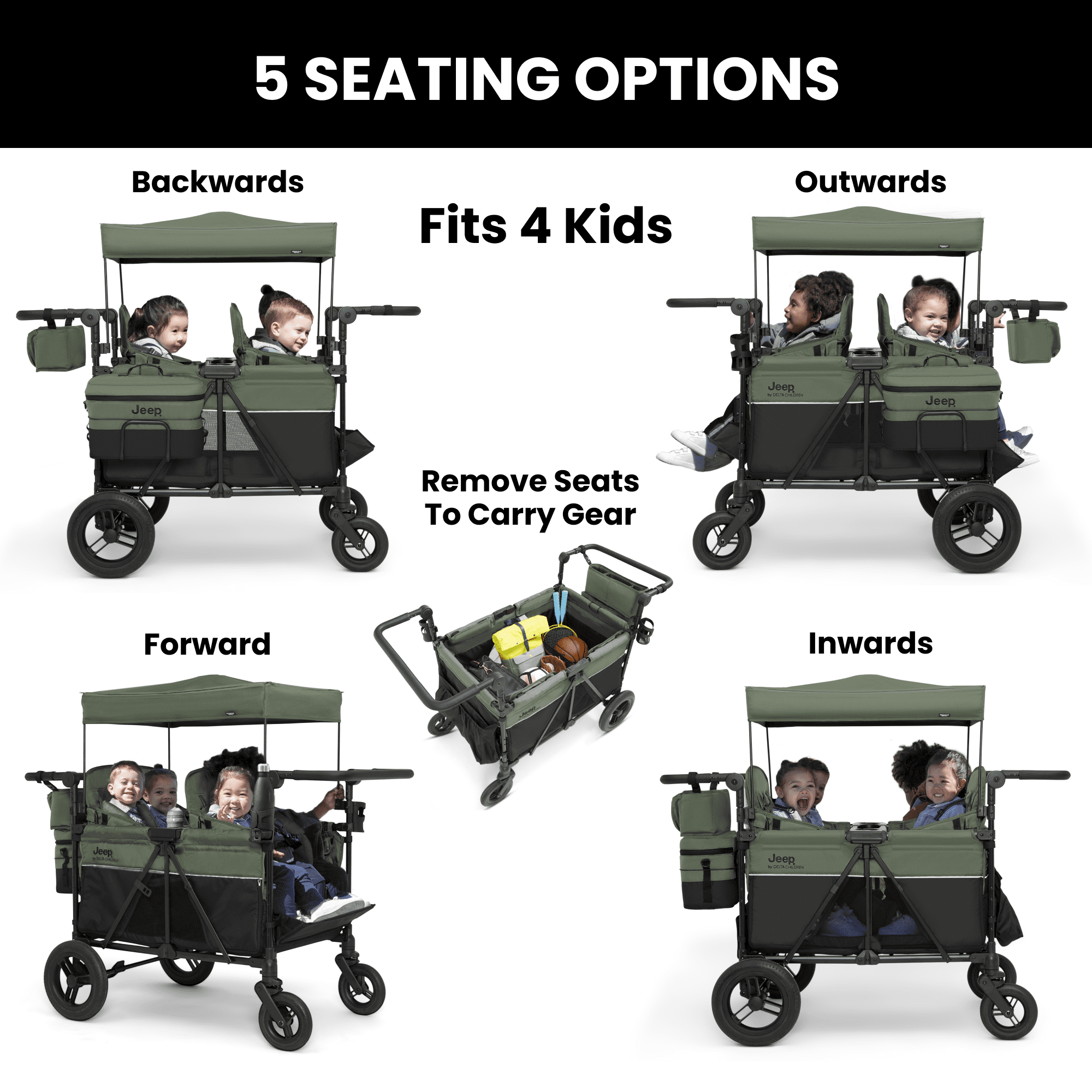 Jeep Wrangler Deluxe 4-Seater Stroller Wagon by Delta Children (Black/Green, 41 in L x 30.25 in W x 51 in H) hed8z