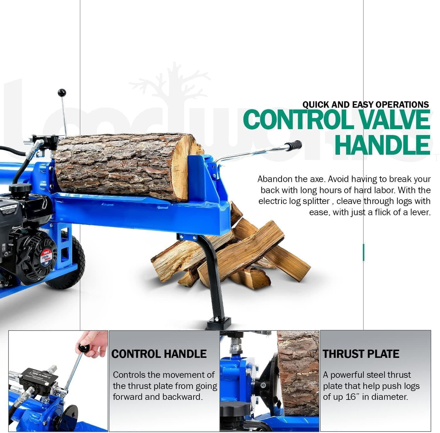 Landworks 20-Ton Log Splitter, Heavy-Duty Gas Powered Wood Splitter with 7HP 209CC Engine (16 in Diameter Capacity) 4quum