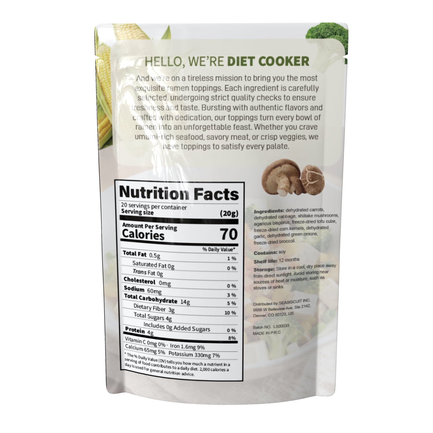 DIET COOKER Dried Ramen Toppings Vegetable Mix, Dehydrated Carrots Cabbage Shiitake Corn & Broccoli (14.1 oz) 6tny7